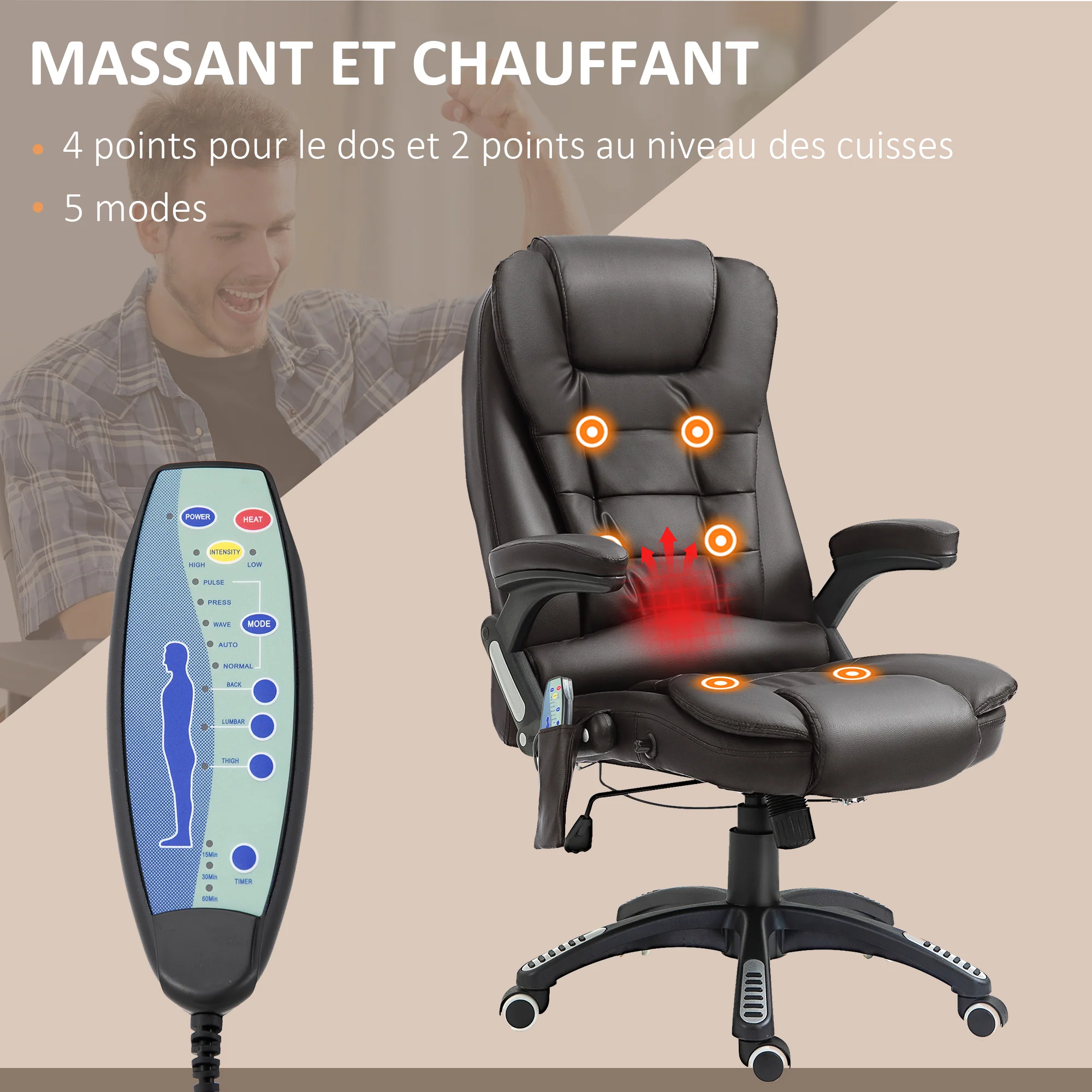 Fauteuil de bureau massant et chauffant électrique fauteuil bureau ergonomique revêtement synthétique brun - Image 5