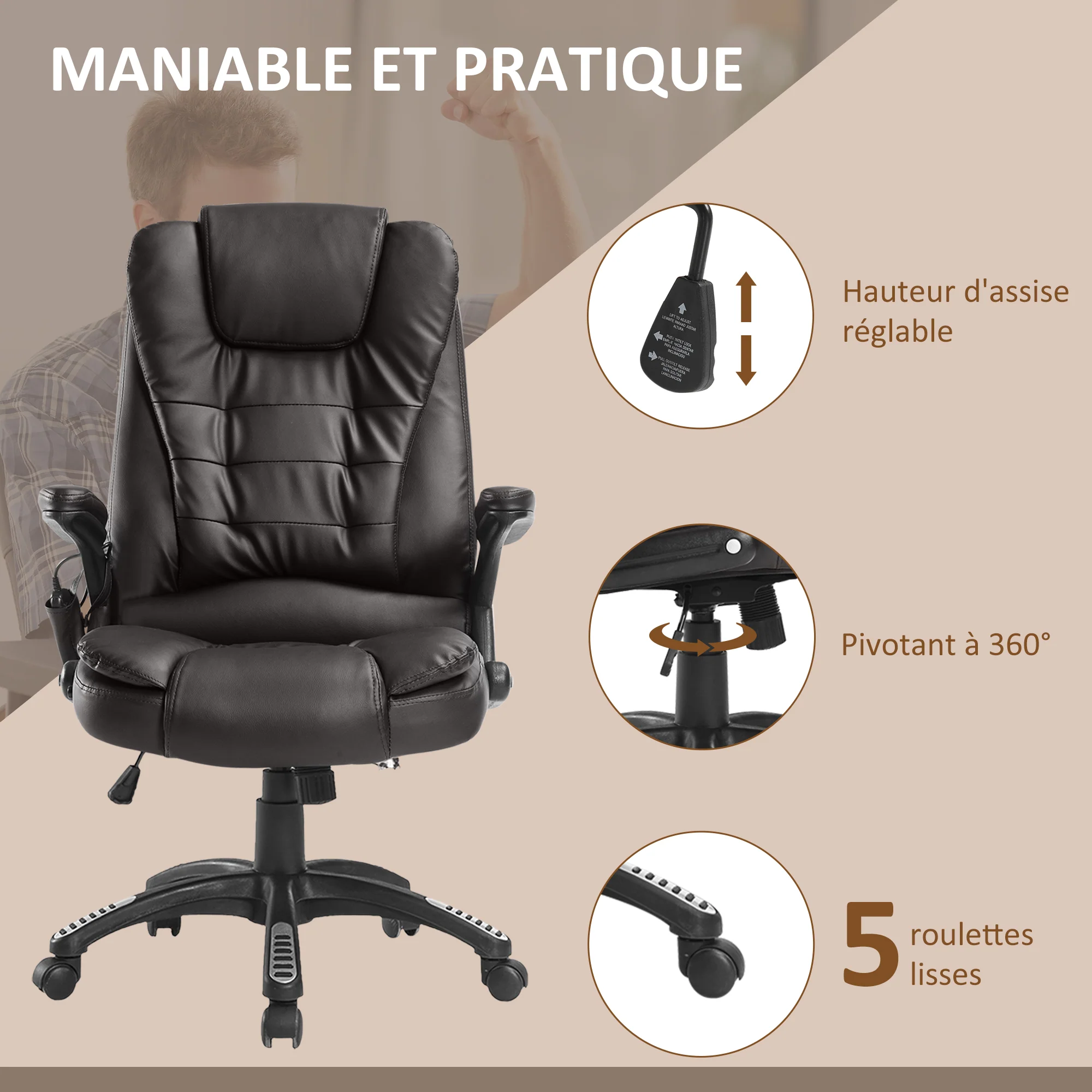 Fauteuil de bureau massant et chauffant électrique fauteuil bureau ergonomique revêtement synthétique brun - Image 6