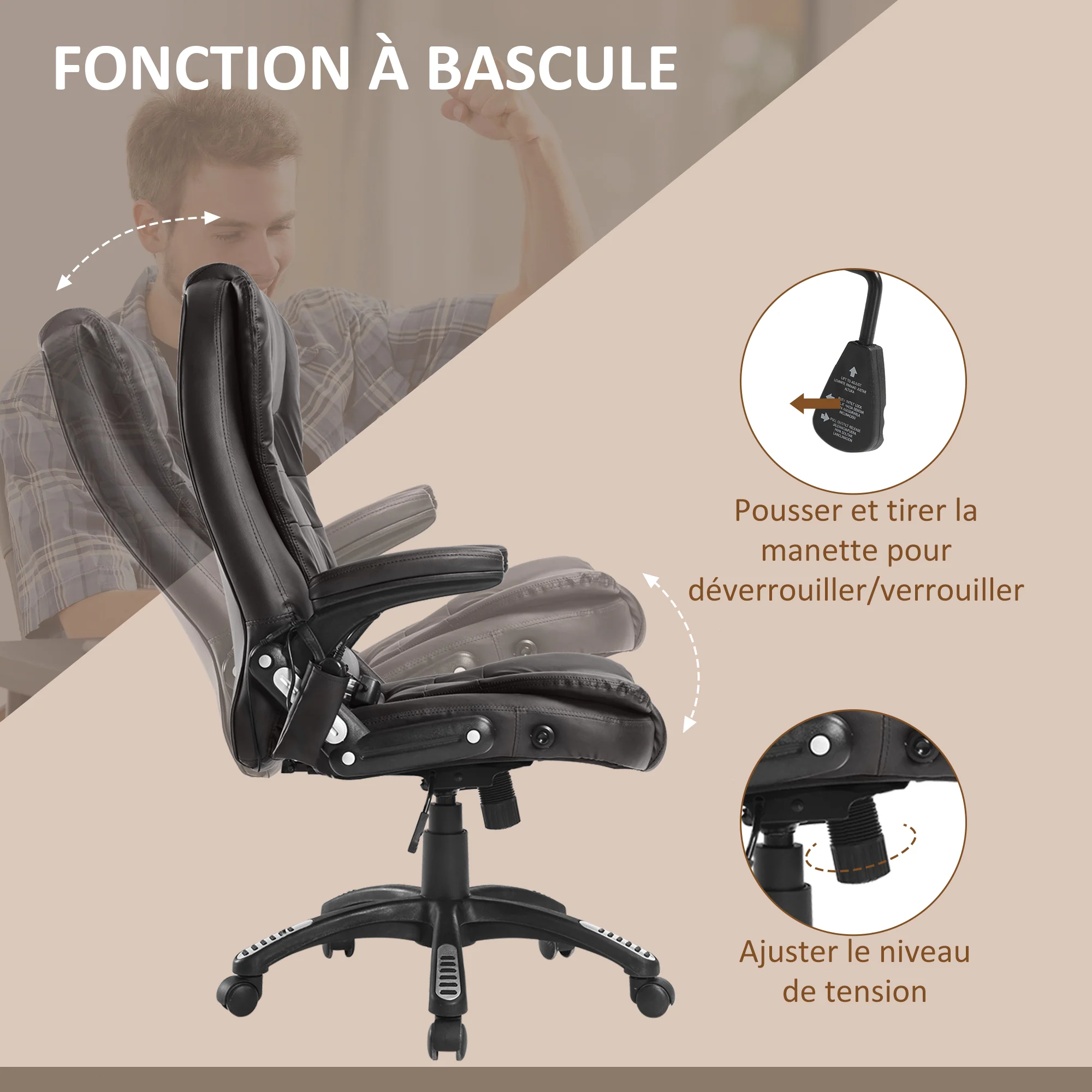 Fauteuil de bureau massant et chauffant électrique fauteuil bureau ergonomique revêtement synthétique brun - Image 7