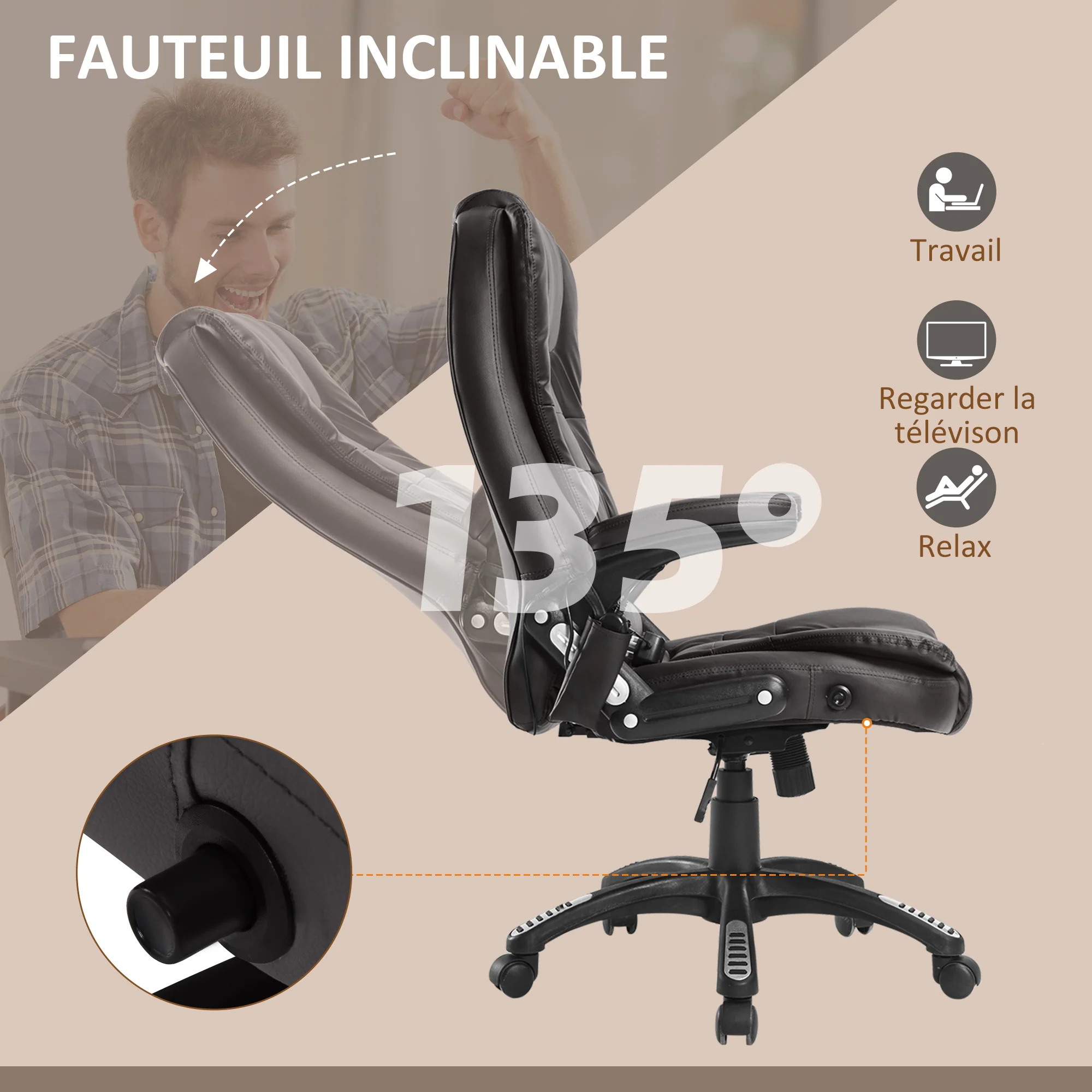 Fauteuil de bureau massant et chauffant électrique fauteuil bureau ergonomique revêtement synthétique brun - Image 8