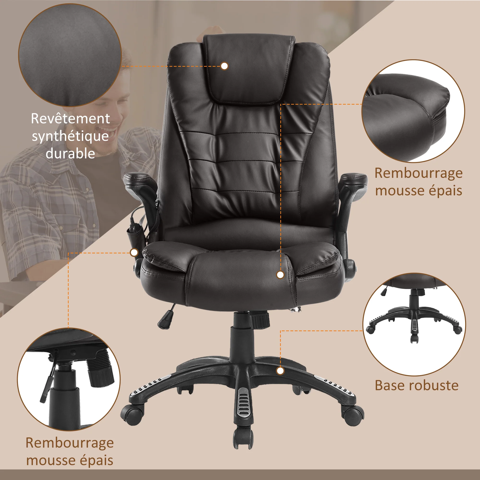 Fauteuil de bureau massant et chauffant électrique fauteuil bureau ergonomique revêtement synthétique brun - Image 9