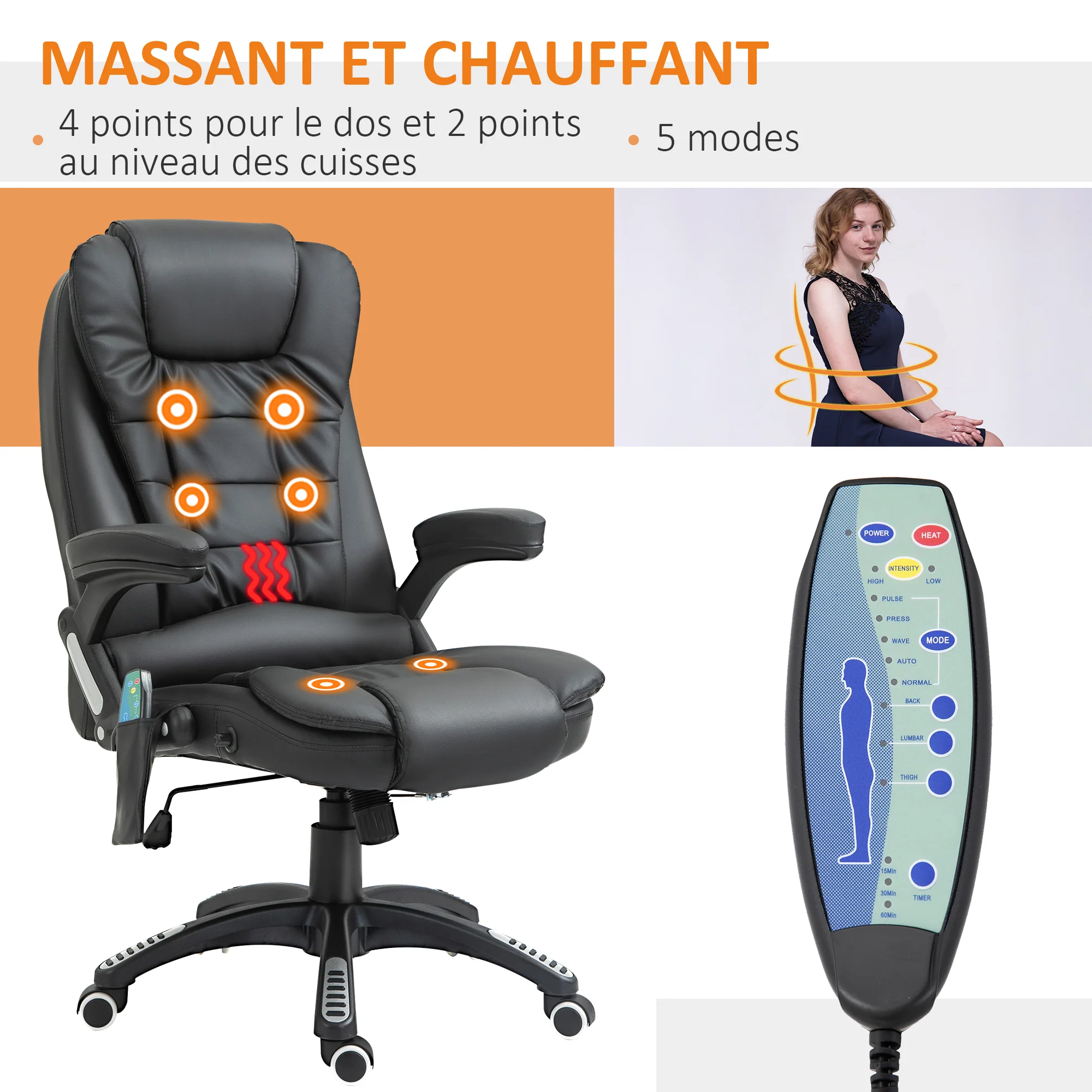 Fauteuil de bureau massant et chauffant électrique fauteuil bureau ergonomique revêtement synthétique noir - Image 5