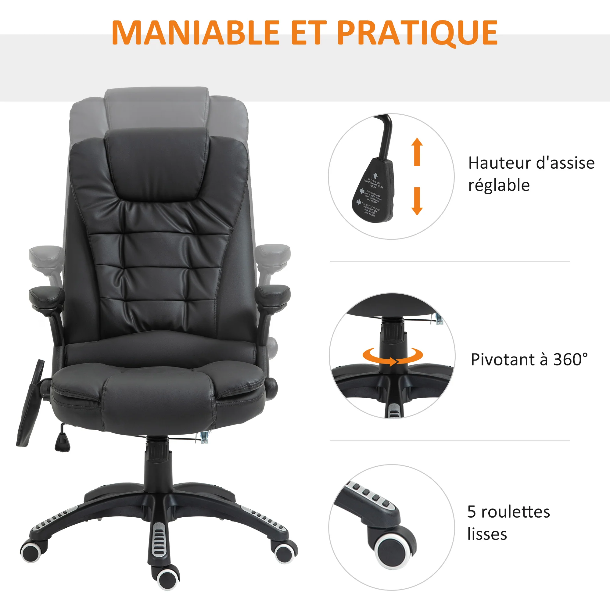 Fauteuil de bureau massant et chauffant électrique fauteuil bureau ergonomique revêtement synthétique noir - Image 6