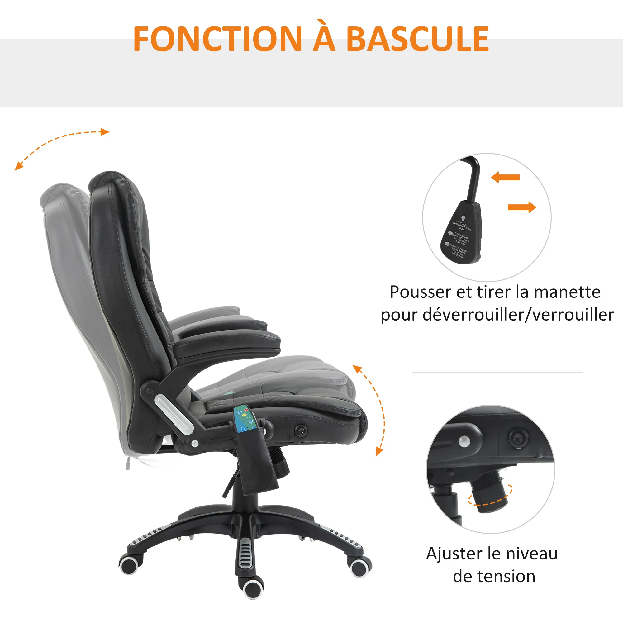 Fauteuil de bureau massant et chauffant électrique fauteuil bureau ergonomique revêtement synthétique noir - Image 7