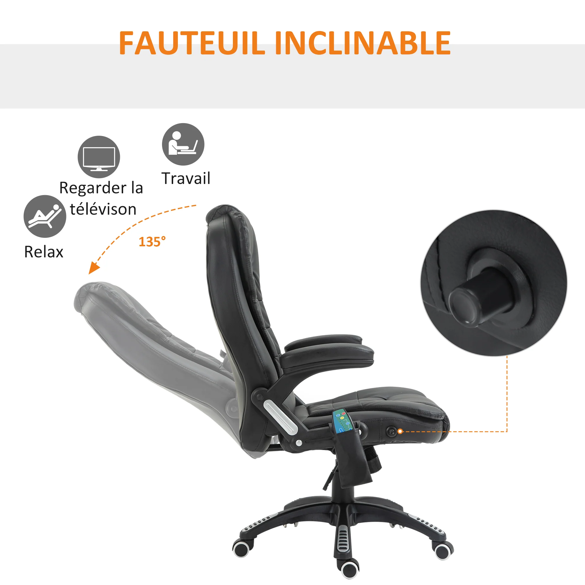 Fauteuil de bureau massant et chauffant électrique fauteuil bureau ergonomique revêtement synthétique noir - Image 8