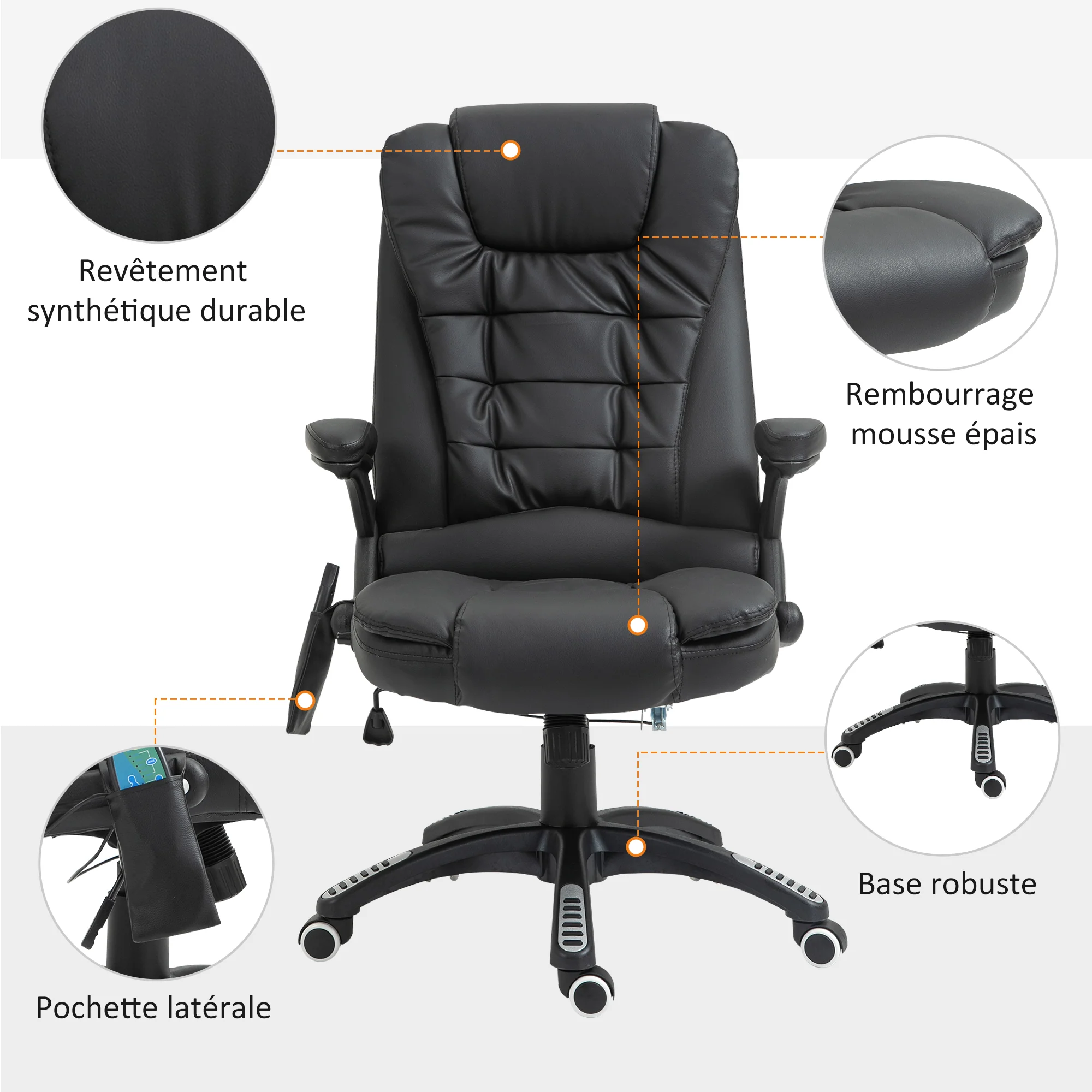 Fauteuil de bureau massant et chauffant électrique fauteuil bureau ergonomique revêtement synthétique noir - Image 9