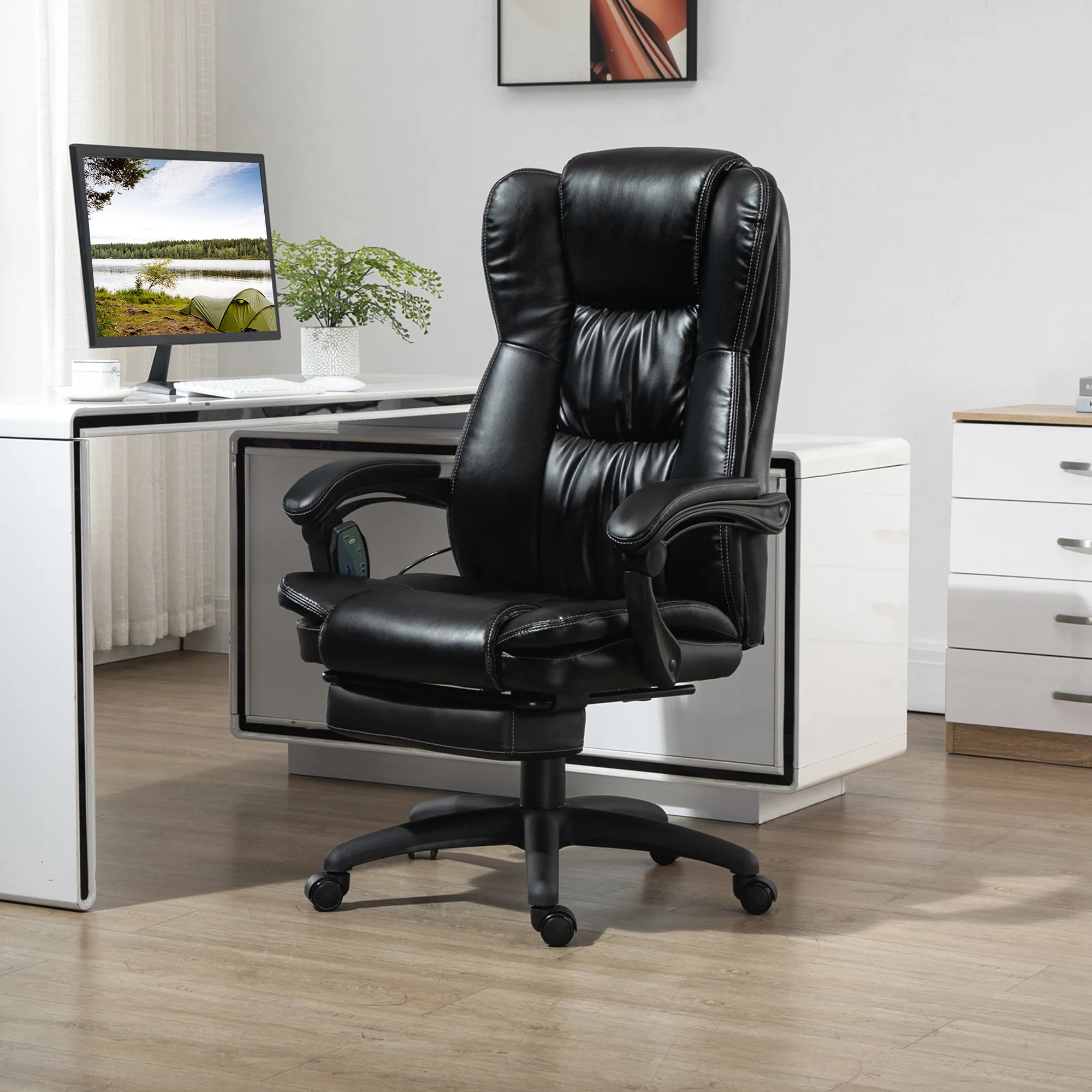Fauteuil de bureau massant par vibrations, chaise de bureau ergonomique avec repose-pieds rétractable, hauteur réglable, dossier inclinable, télécommande filaire et pivotant à 360°, noir - Image 3