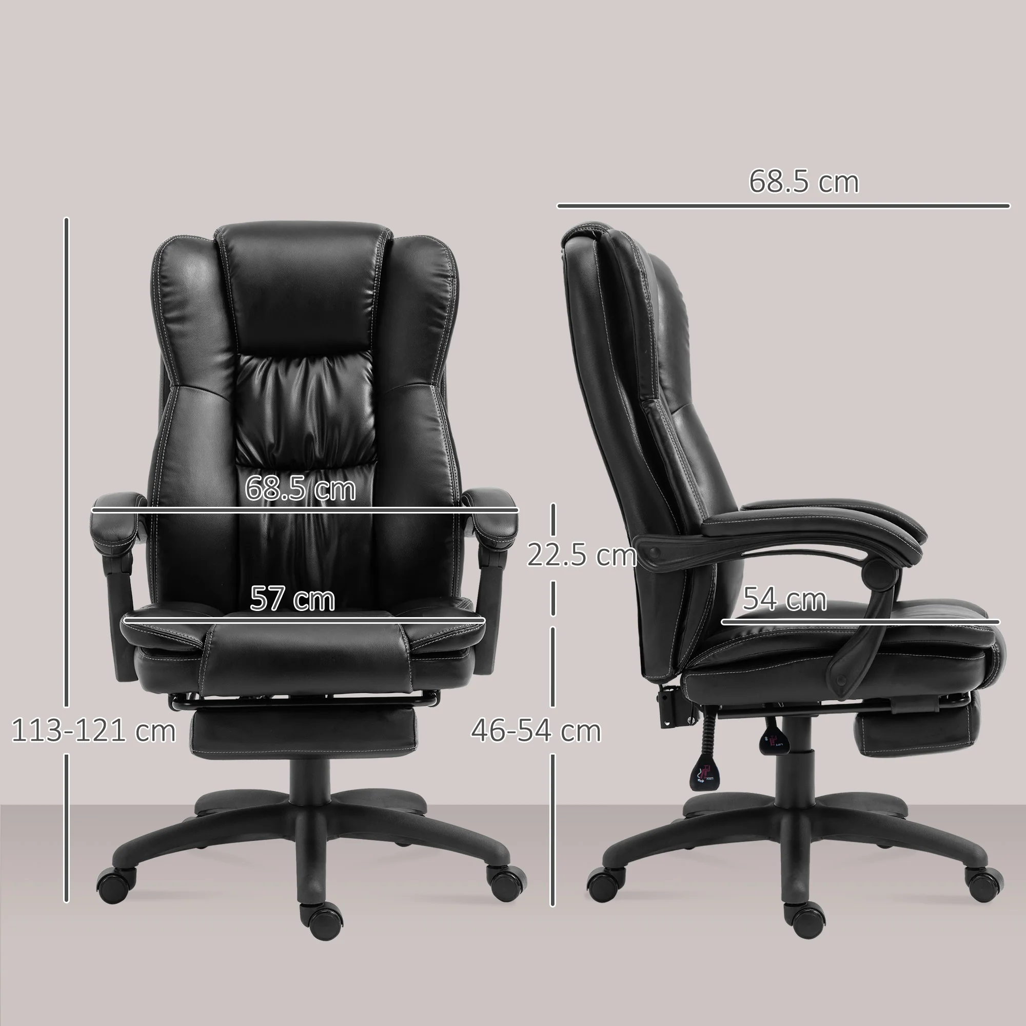 Fauteuil de bureau massant par vibrations, chaise de bureau ergonomique avec repose-pieds rétractable, hauteur réglable, dossier inclinable, télécommande filaire et pivotant à 360°, noir - Image 4