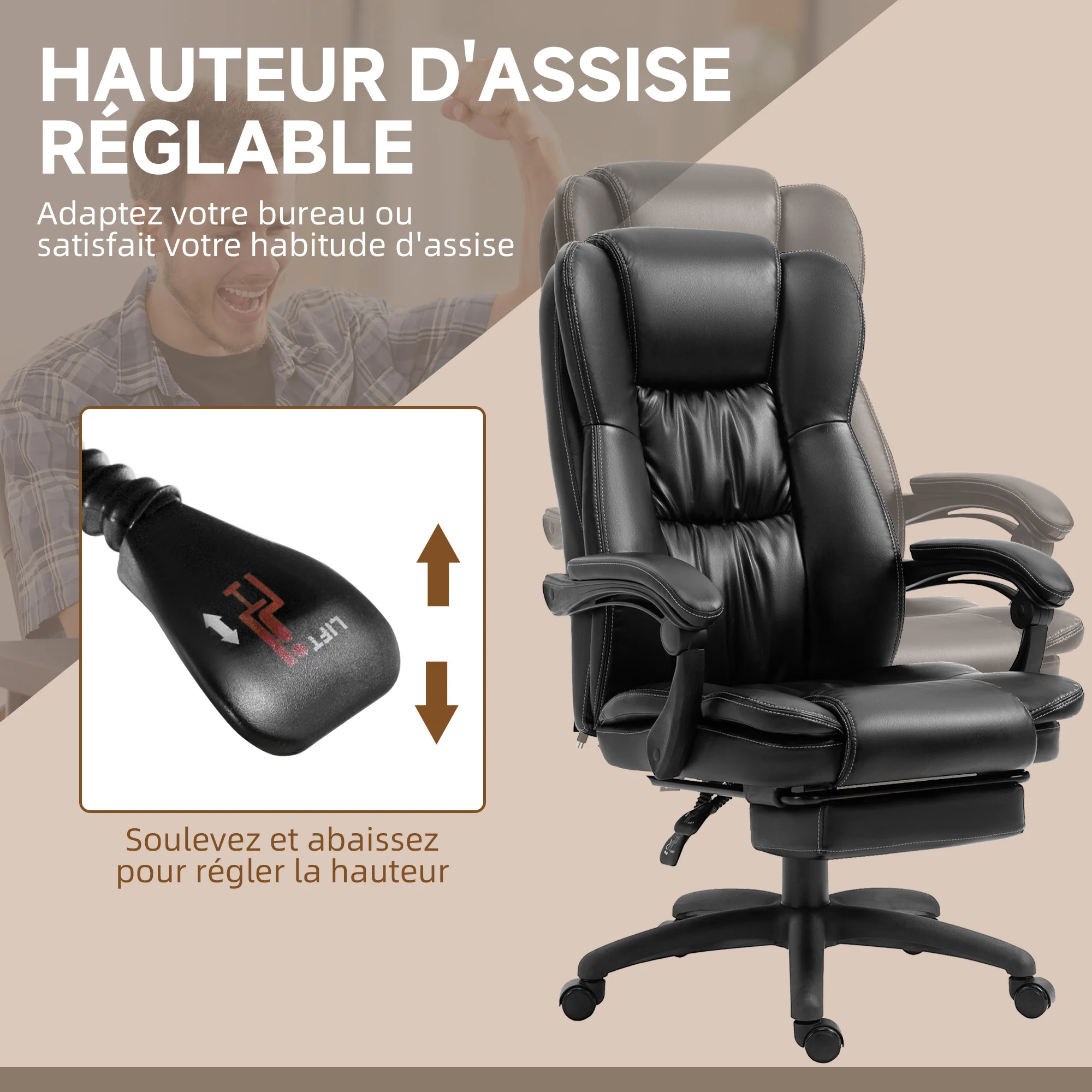 Fauteuil de bureau massant par vibrations, chaise de bureau ergonomique avec repose-pieds rétractable, hauteur réglable, dossier inclinable, télécommande filaire et pivotant à 360°, noir - Image 6