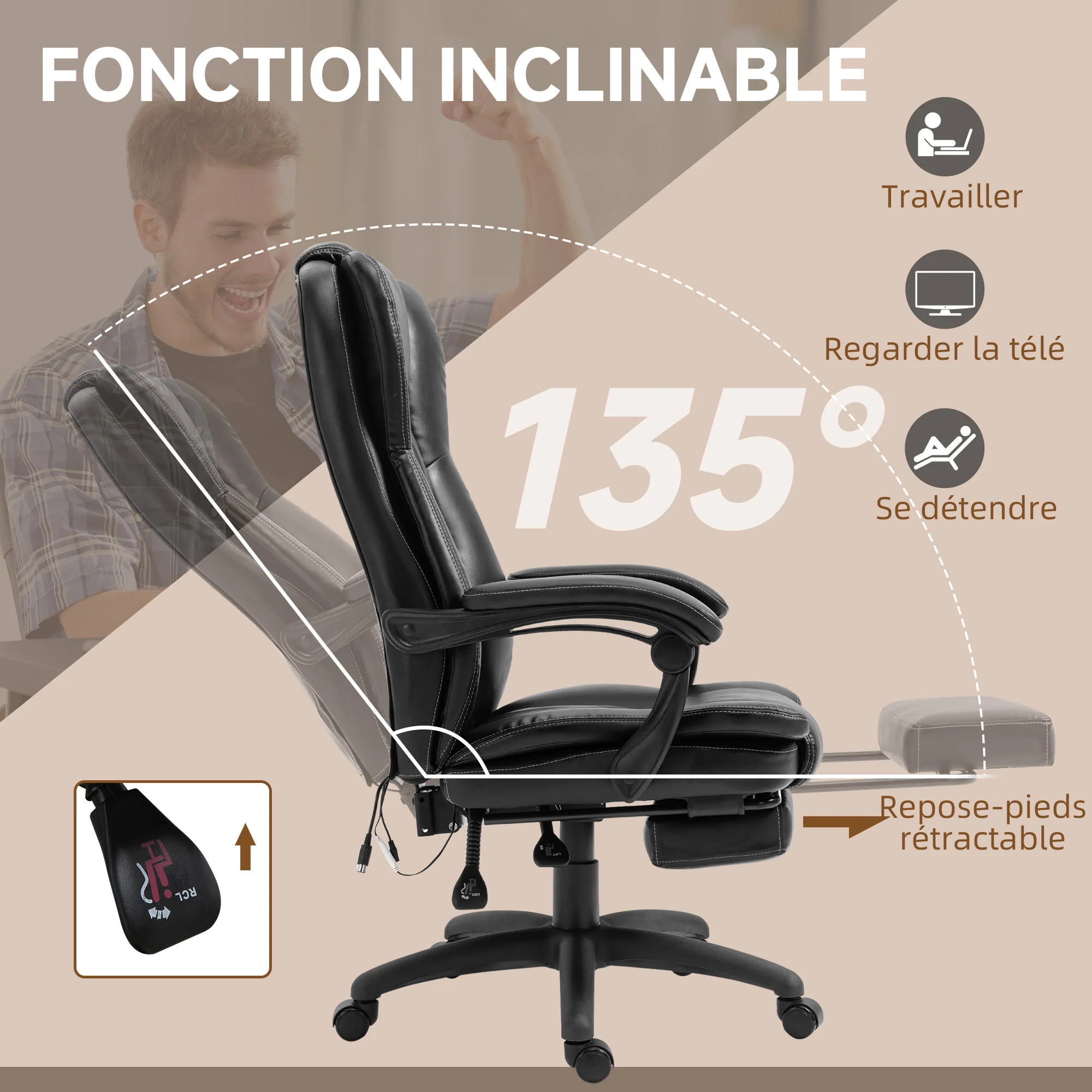 Fauteuil de bureau massant par vibrations, chaise de bureau ergonomique avec repose-pieds rétractable, hauteur réglable, dossier inclinable, télécommande filaire et pivotant à 360°, noir - Image 7