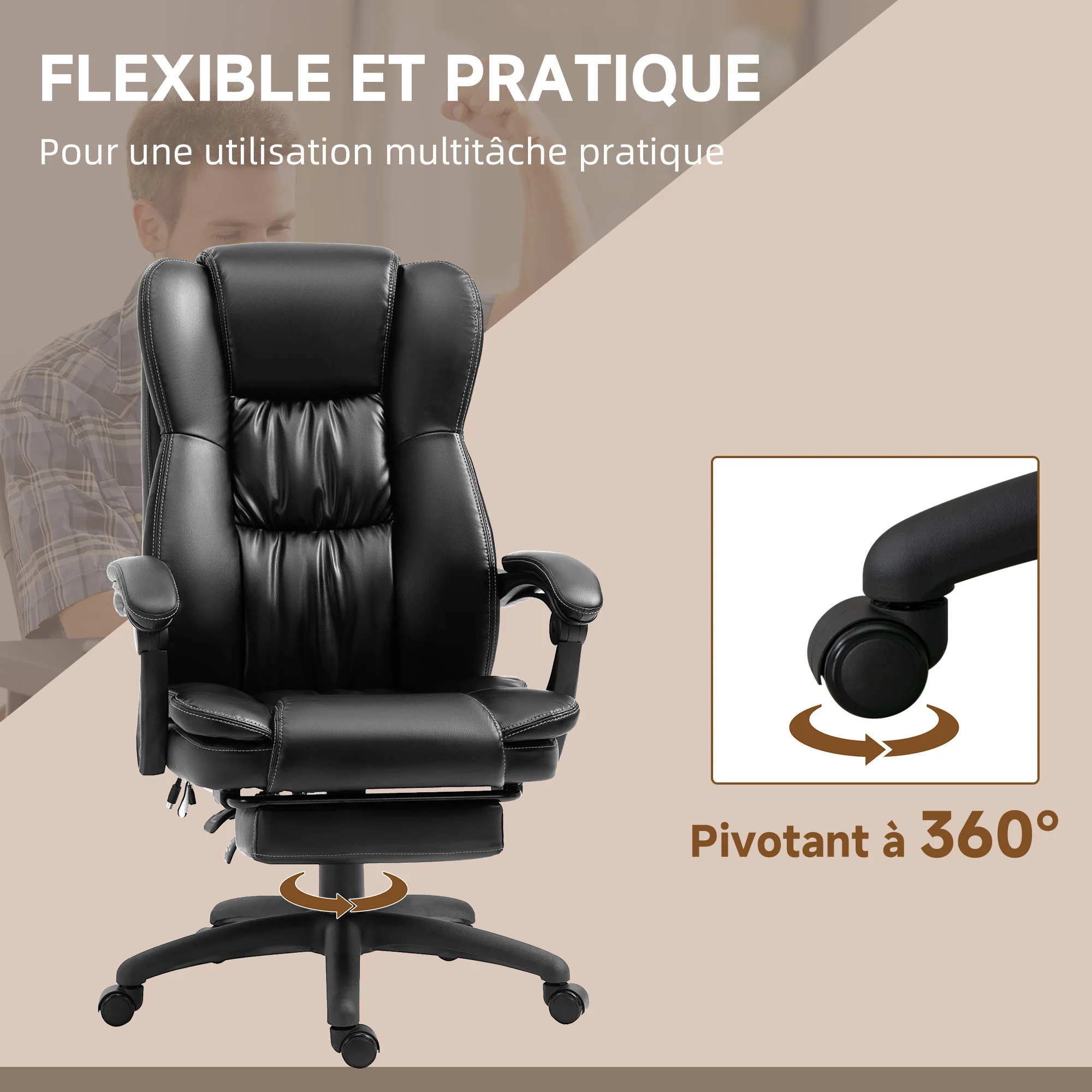 Fauteuil de bureau massant par vibrations, chaise de bureau ergonomique avec repose-pieds rétractable, hauteur réglable, dossier inclinable, télécommande filaire et pivotant à 360°, noir - Image 8