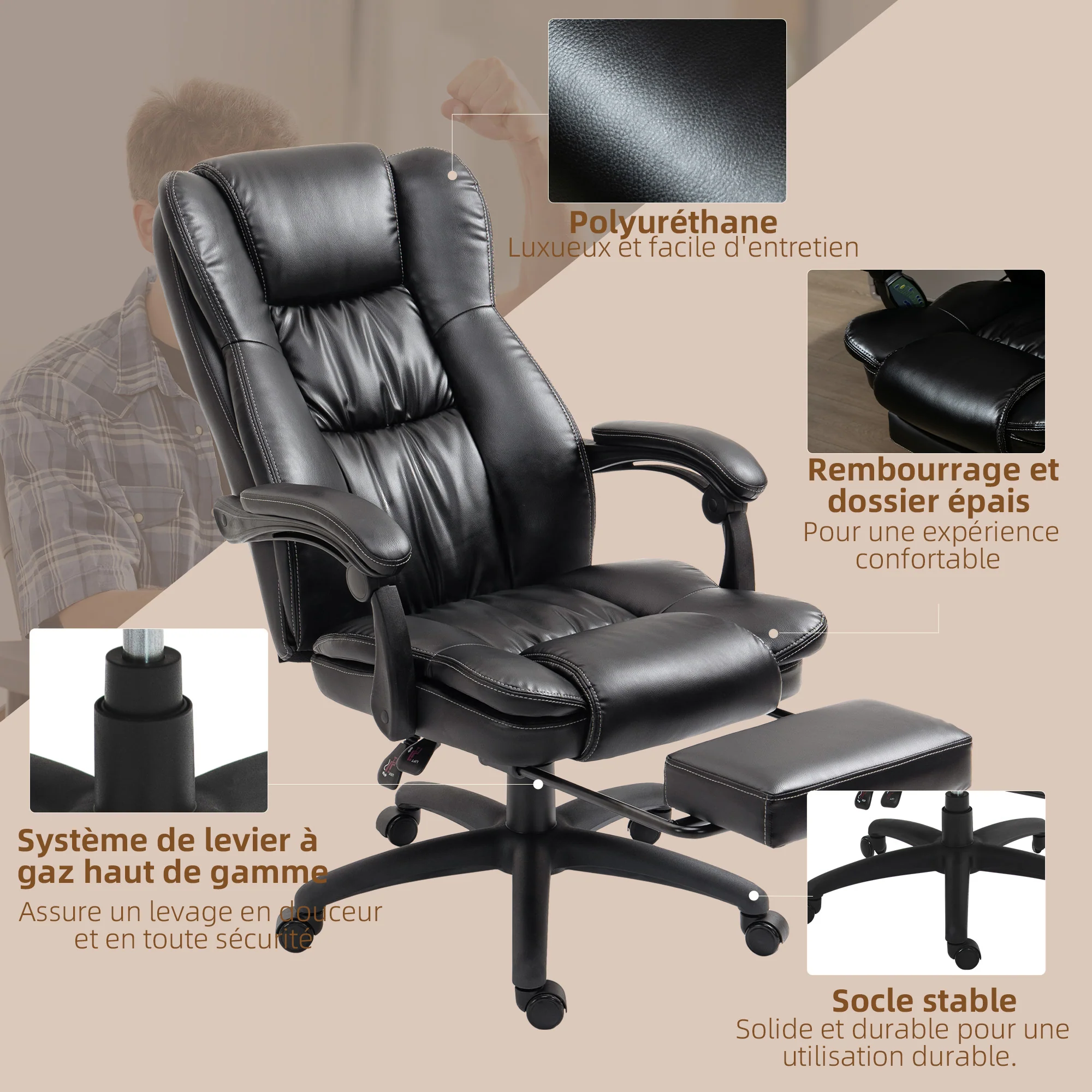 Fauteuil de bureau massant par vibrations, chaise de bureau ergonomique avec repose-pieds rétractable, hauteur réglable, dossier inclinable, télécommande filaire et pivotant à 360°, noir - Image 9