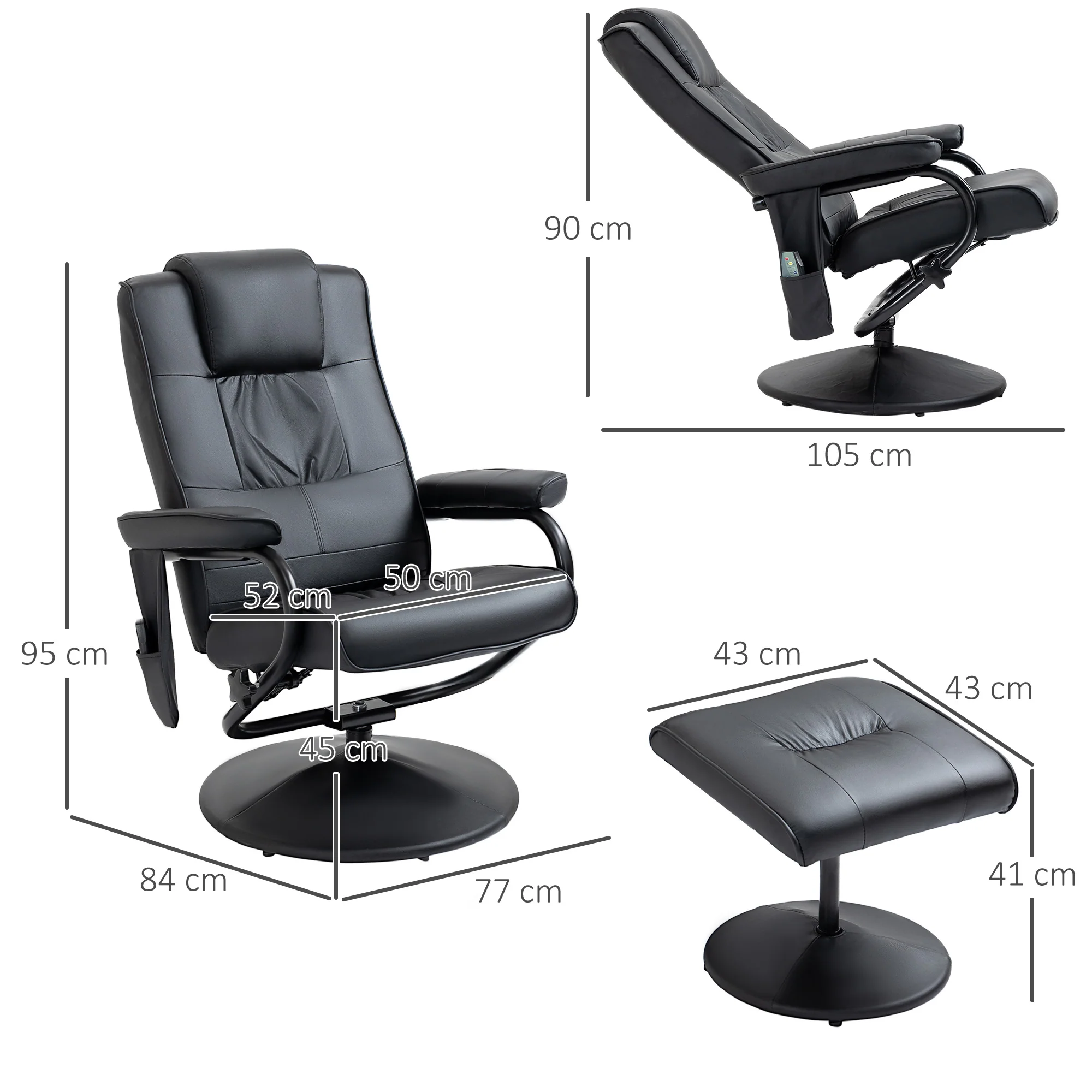 Fauteuil de Massage et Relaxation électrique pivotant inclinable avec Repose-Pied revêtement synthétique Noir - Image 4