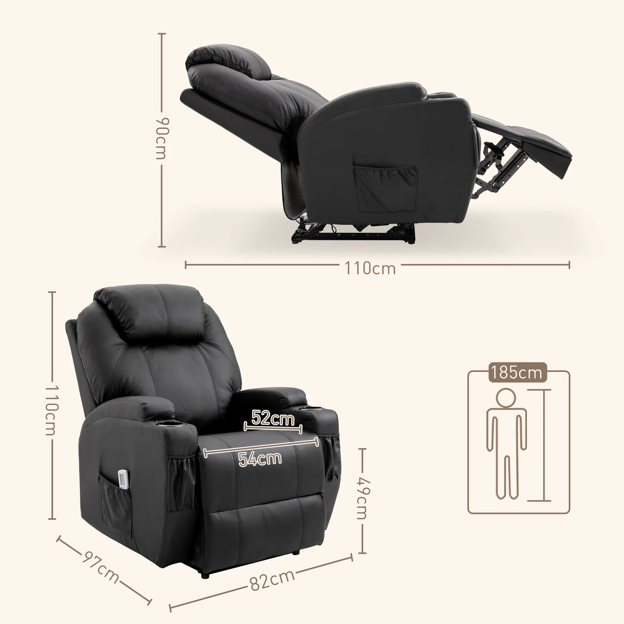 Fauteuil de Massage Inclinable, Chaise de Relaxation avec dossier et repose-pied électrique réglables revêtement synthétique pour Salon, Chambre, Cinéma Maison Noir - Image 4