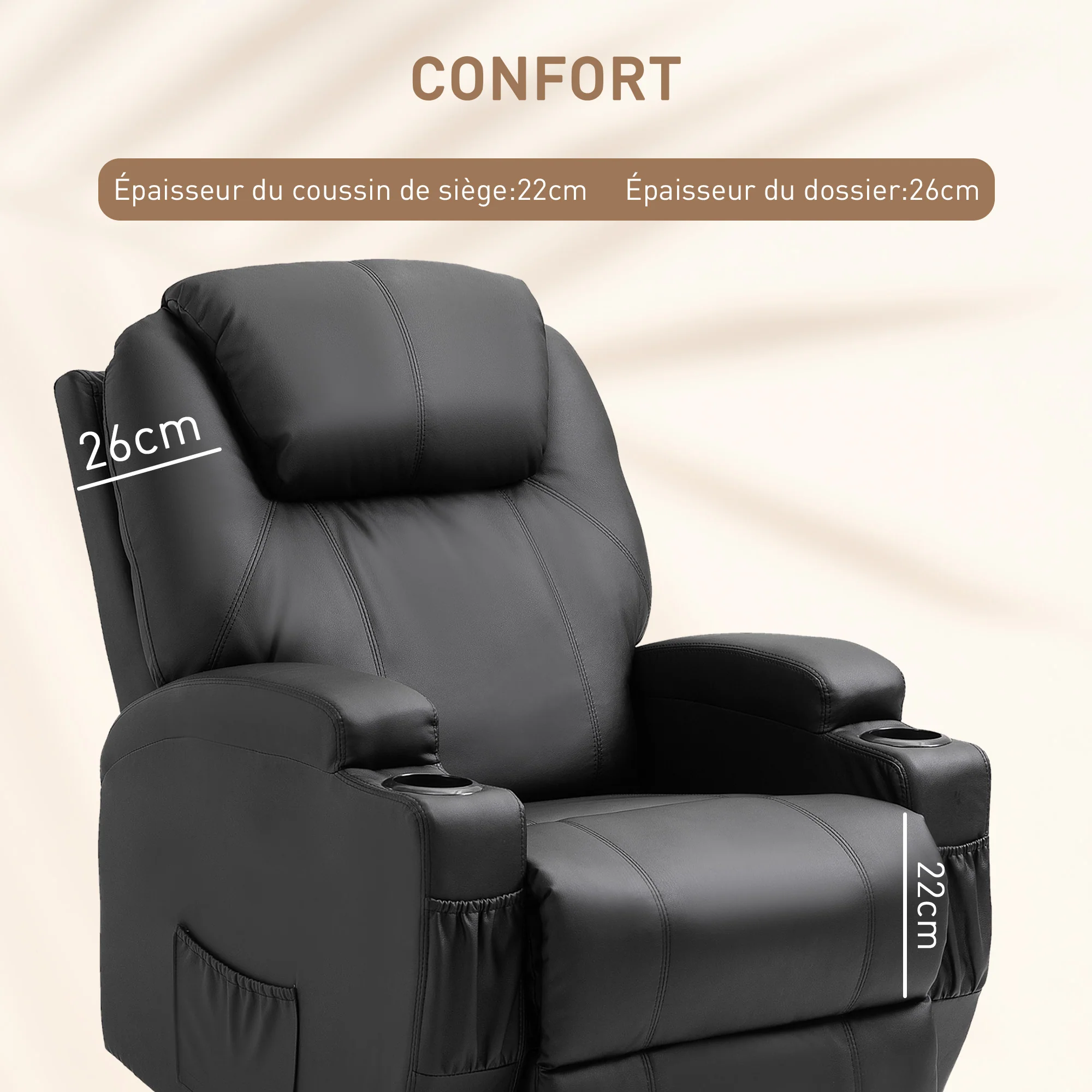 Fauteuil de Massage Inclinable, Chaise de Relaxation avec dossier et repose-pied électrique réglables revêtement synthétique pour Salon, Chambre, Cinéma Maison Noir - Image 7