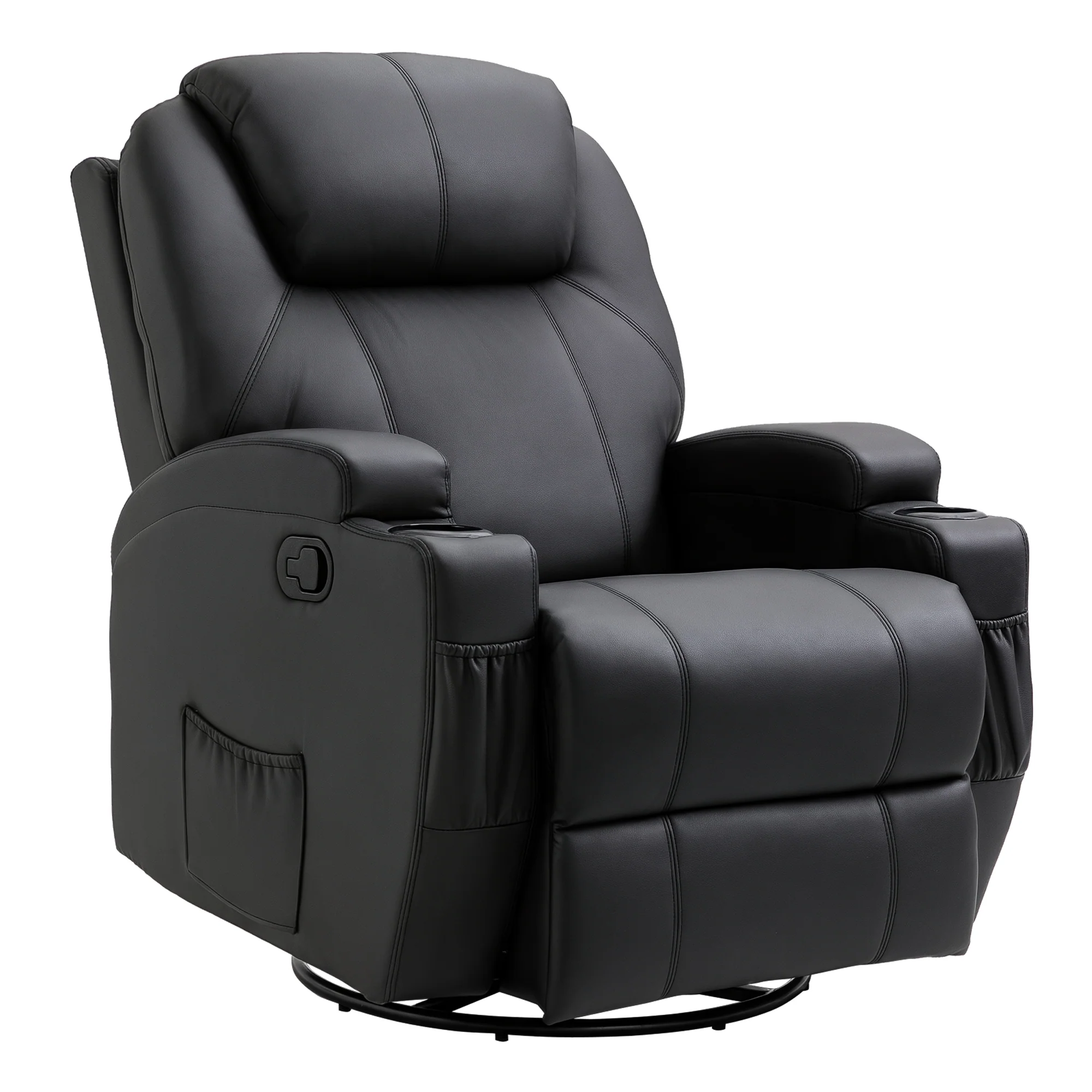 Fauteuil de massage inclinable, fauteuil de relaxation, dossier et repose-pieds réglable manuellement, fonction bascule, télécommande, pivotant à 360°, porte-gobelets et poches latérales, noir - Image 11