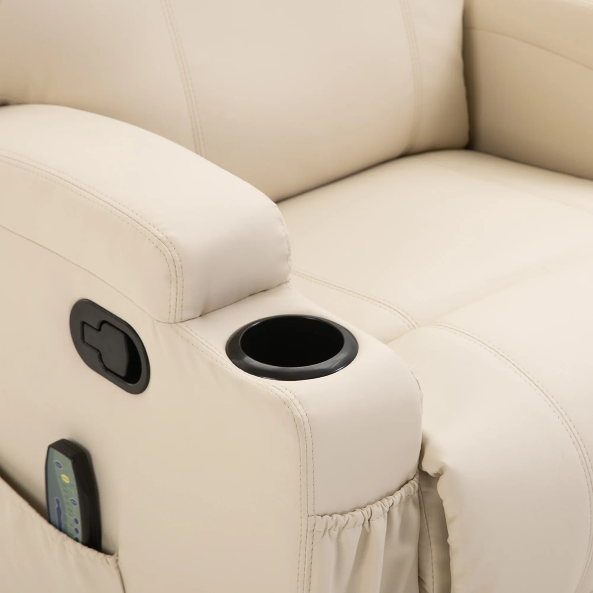 Fauteuil de massage inclinable, fauteuil de relaxation, dossier et repose-pieds réglable manuellement, fonction bascule, télécommande, pivotant à 360°, porte-gobelets et poches latérales, crème - Image 10