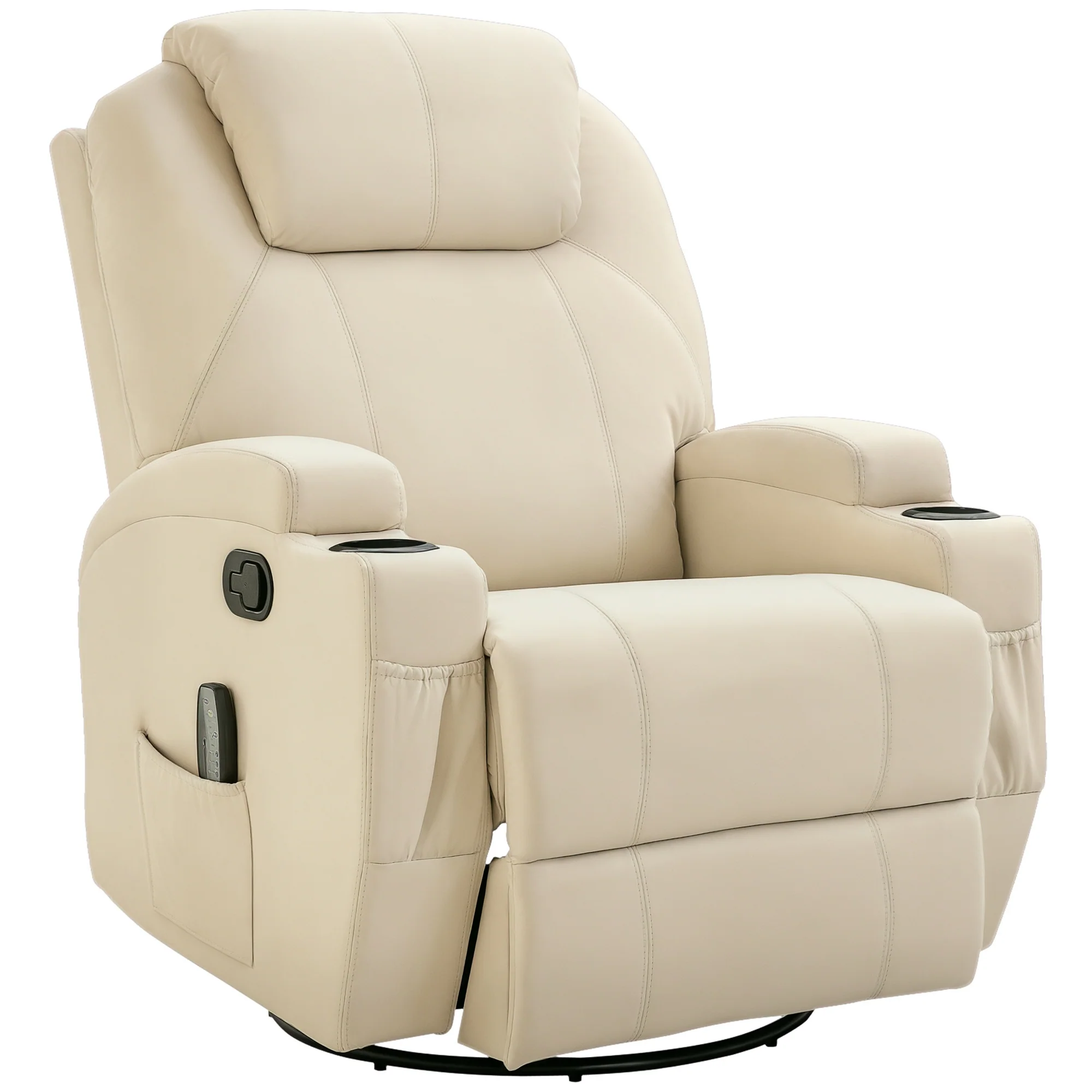 Fauteuil de massage inclinable, fauteuil de relaxation, dossier et repose-pieds réglable manuellement, fonction bascule, télécommande, pivotant à 360°, porte-gobelets et poches latérales, crème - Image 11
