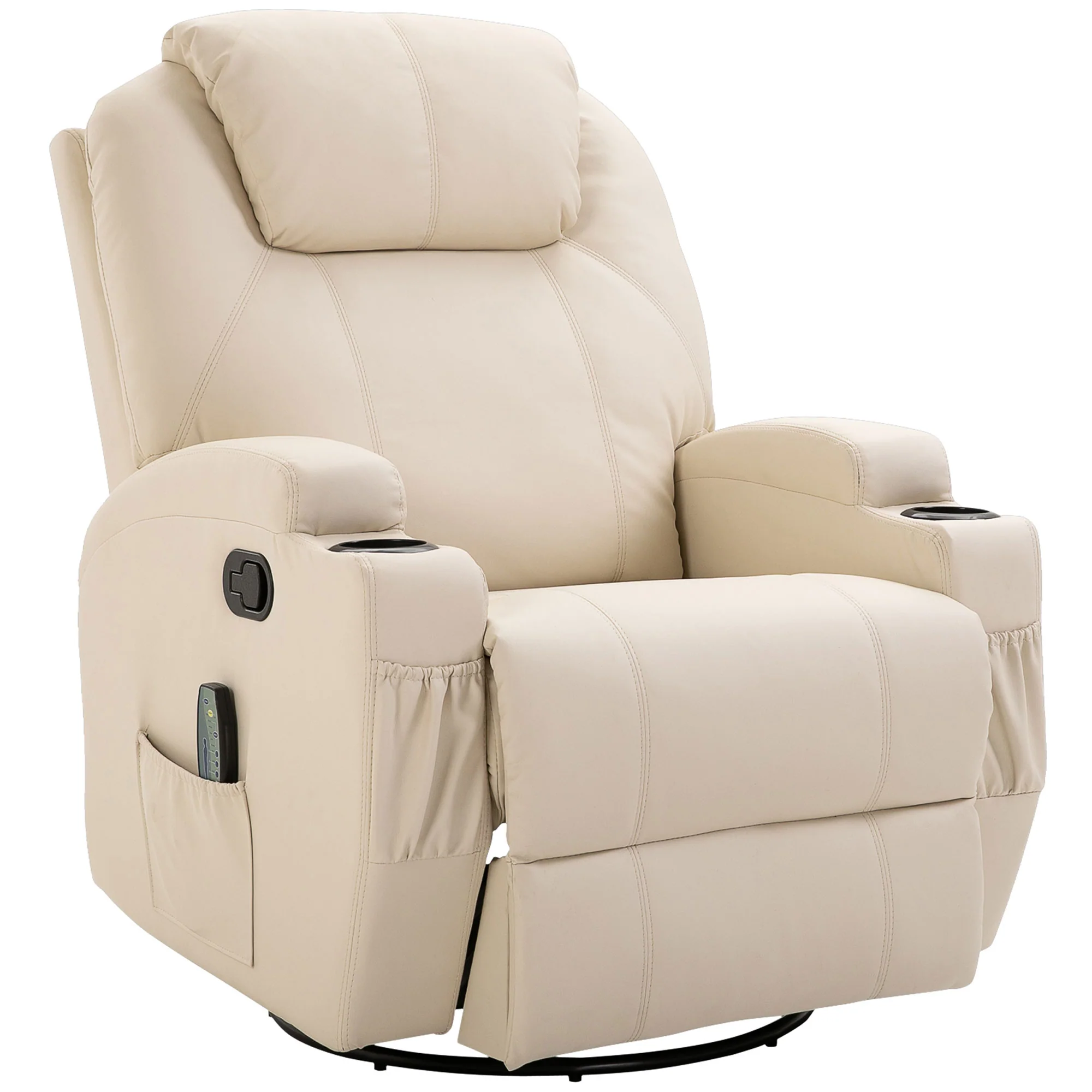 Fauteuil de massage inclinable, fauteuil de relaxation, dossier et repose-pieds réglable manuellement, fonction bascule, télécommande, pivotant à 360°, porte-gobelets et poches latérales, crème - Image 2