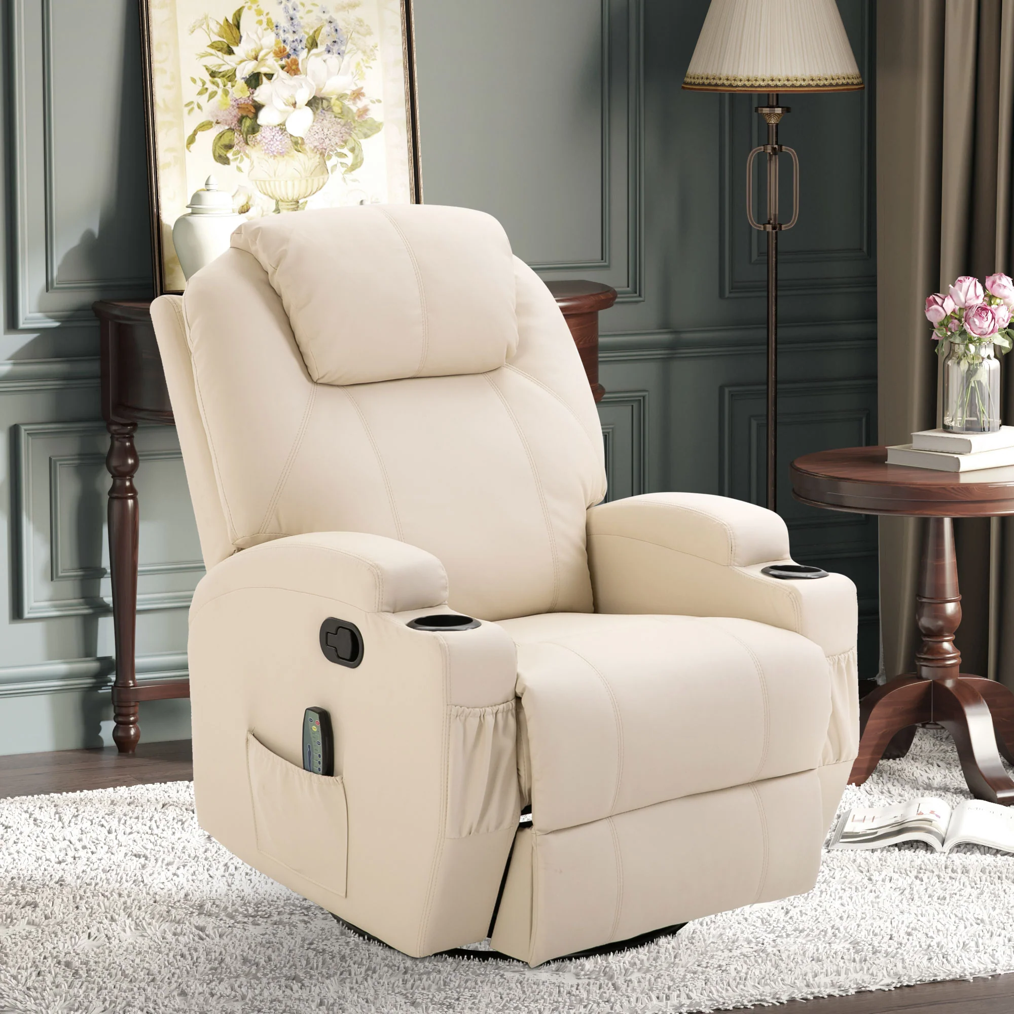 Fauteuil de massage inclinable, fauteuil de relaxation, dossier et repose-pieds réglable manuellement, fonction bascule, télécommande, pivotant à 360°, porte-gobelets et poches latérales, crème - Image 3