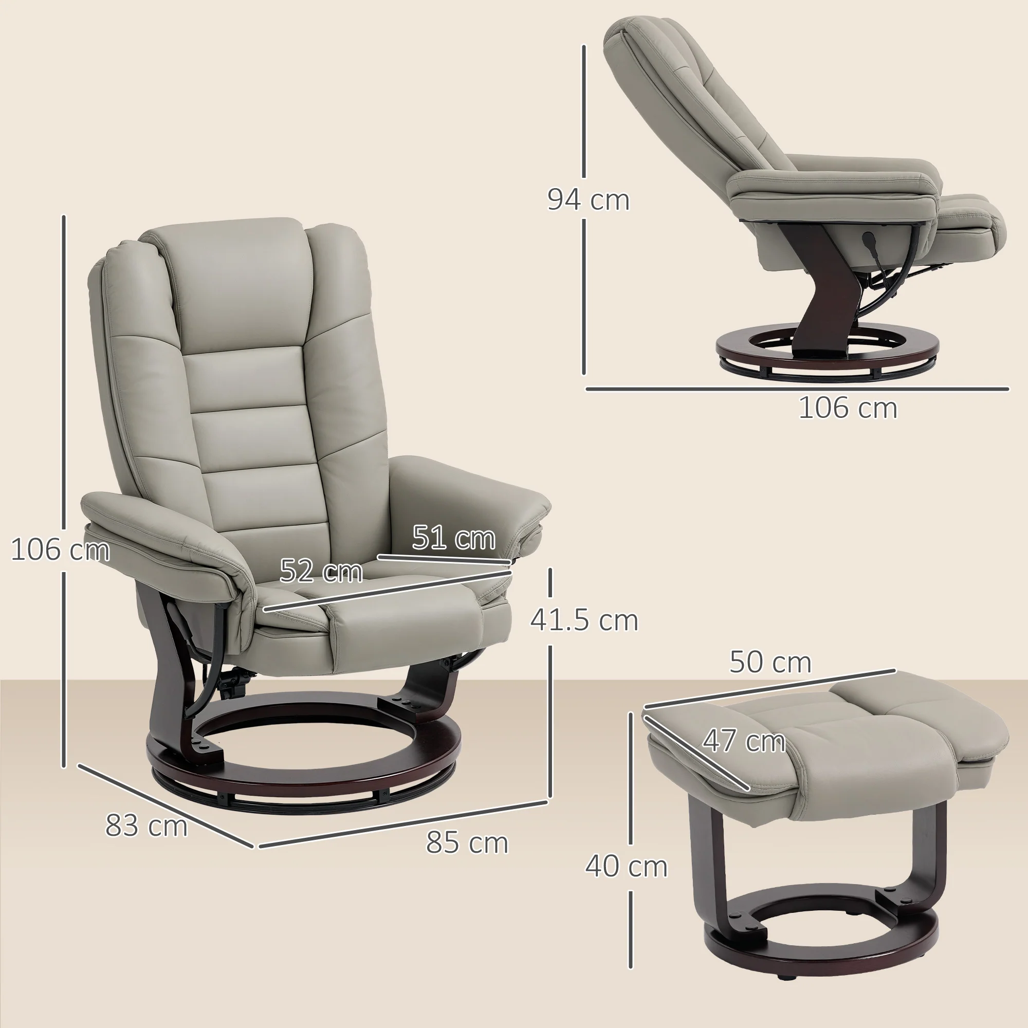 Fauteuil de relaxation avec repose-pied, dossier inclinable 135° max., siège pivotant 360°, assise rembourrée confort, revêtement synthétique, pour salon, chambre, bureau, marron - Image 4