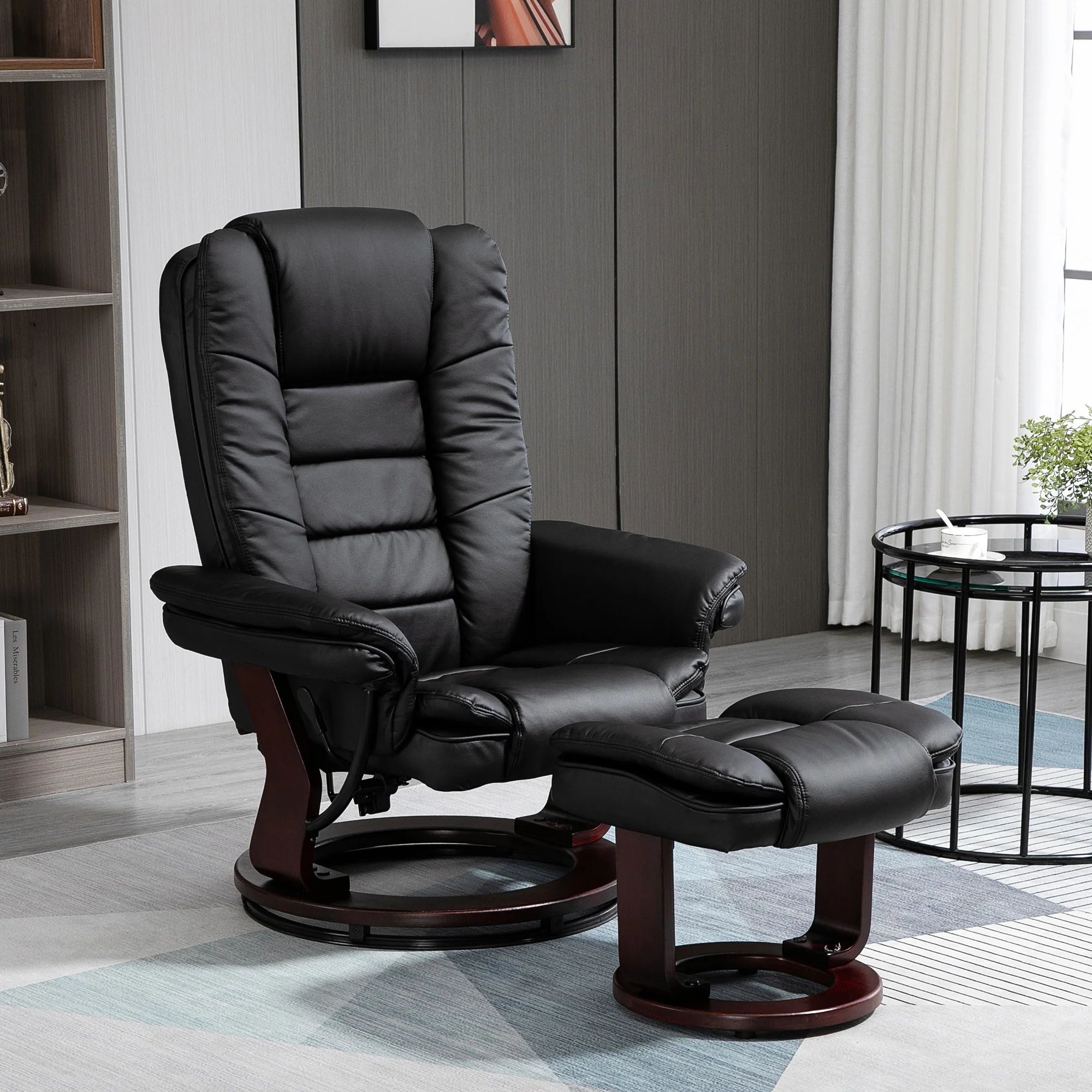 Fauteuil de relaxation avec repose-pied, dossier inclinable 135° max., siège pivotant 360°, assise rembourrée confort, revêtement synthétique, pour salon, chambre, bureau, noir - Image 3