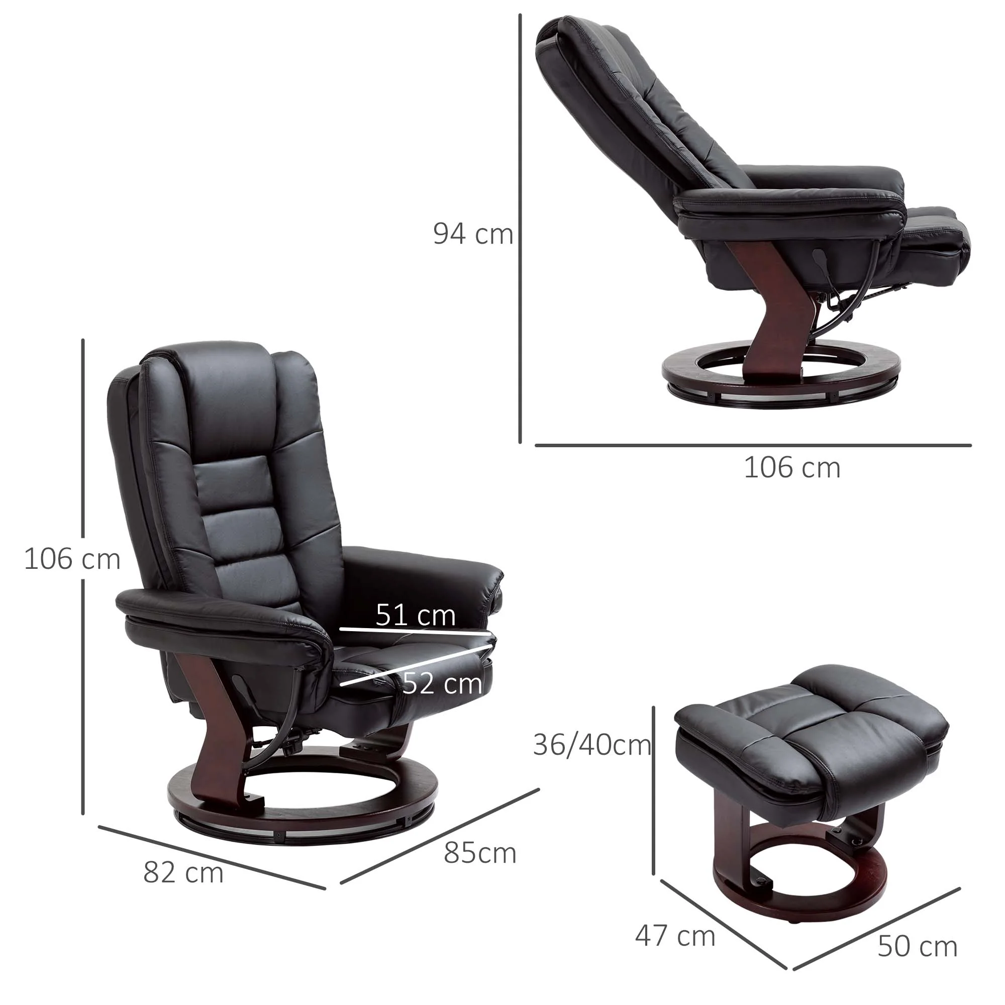 Fauteuil de relaxation avec repose-pied, dossier inclinable 135° max., siège pivotant 360°, assise rembourrée confort, revêtement synthétique, pour salon, chambre, bureau, noir - Image 4