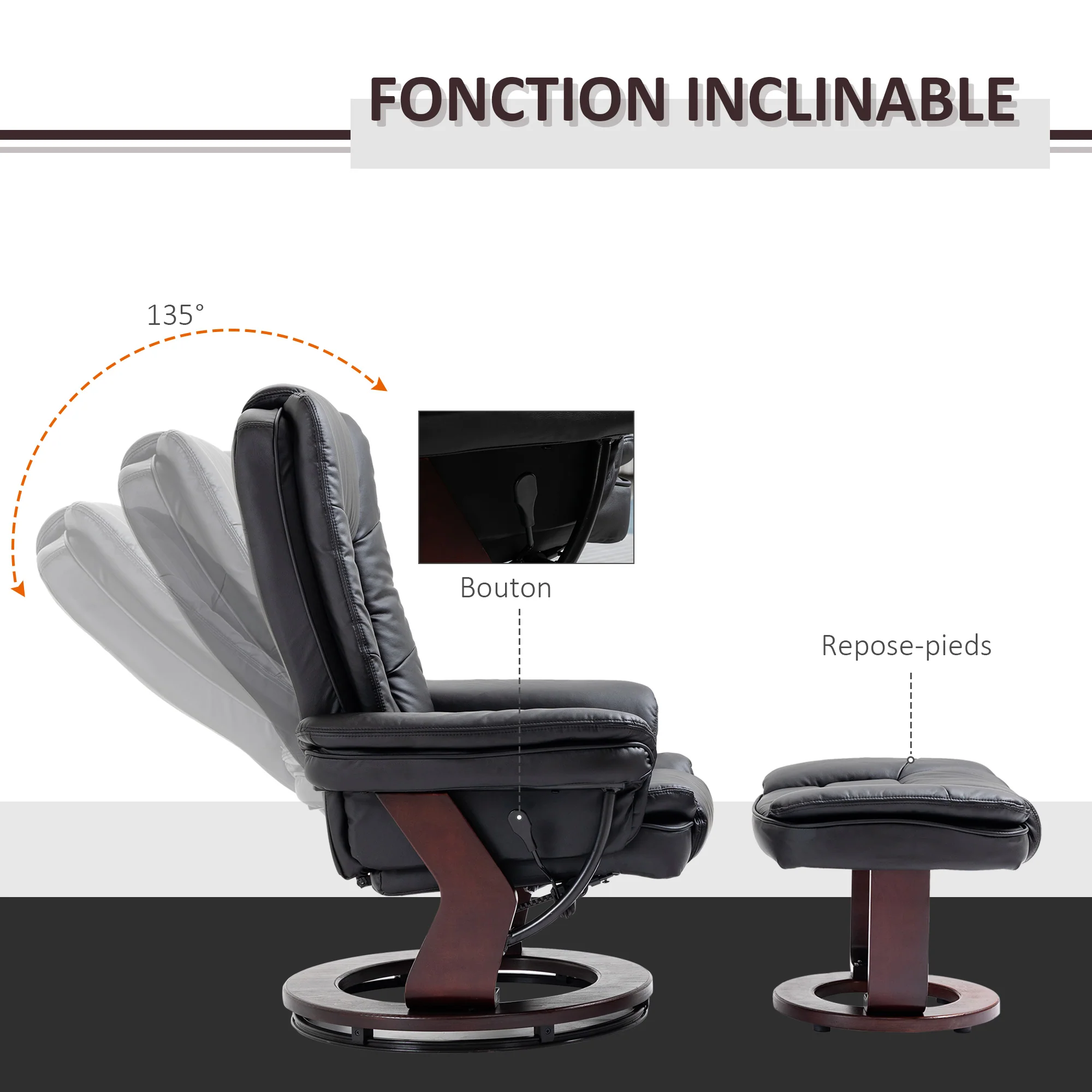 Fauteuil de relaxation avec repose-pied, dossier inclinable 135° max., siège pivotant 360°, assise rembourrée confort, revêtement synthétique, pour salon, chambre, bureau, noir - Image 5