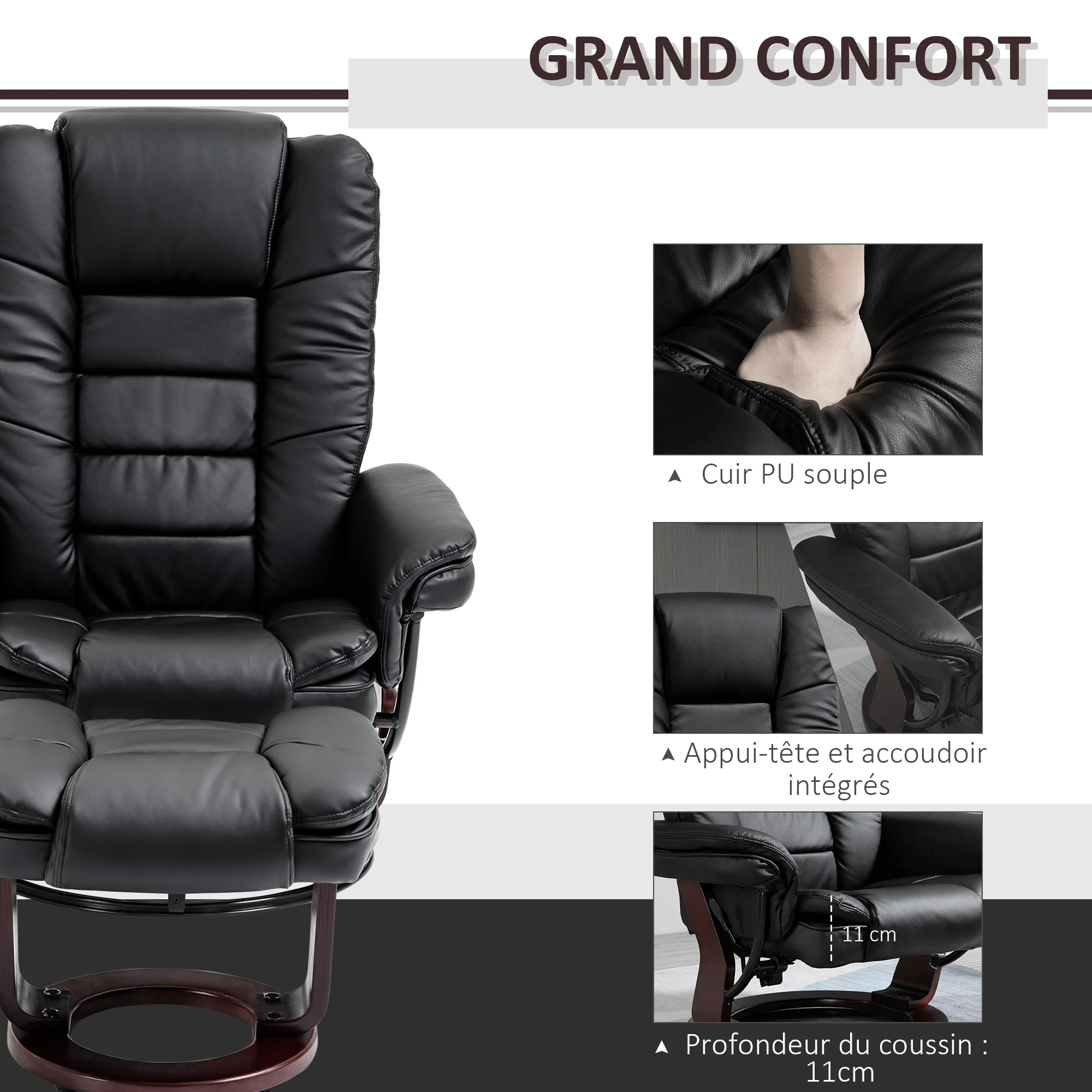 Fauteuil de relaxation avec repose-pied, dossier inclinable 135° max., siège pivotant 360°, assise rembourrée confort, revêtement synthétique, pour salon, chambre, bureau, noir - Image 7