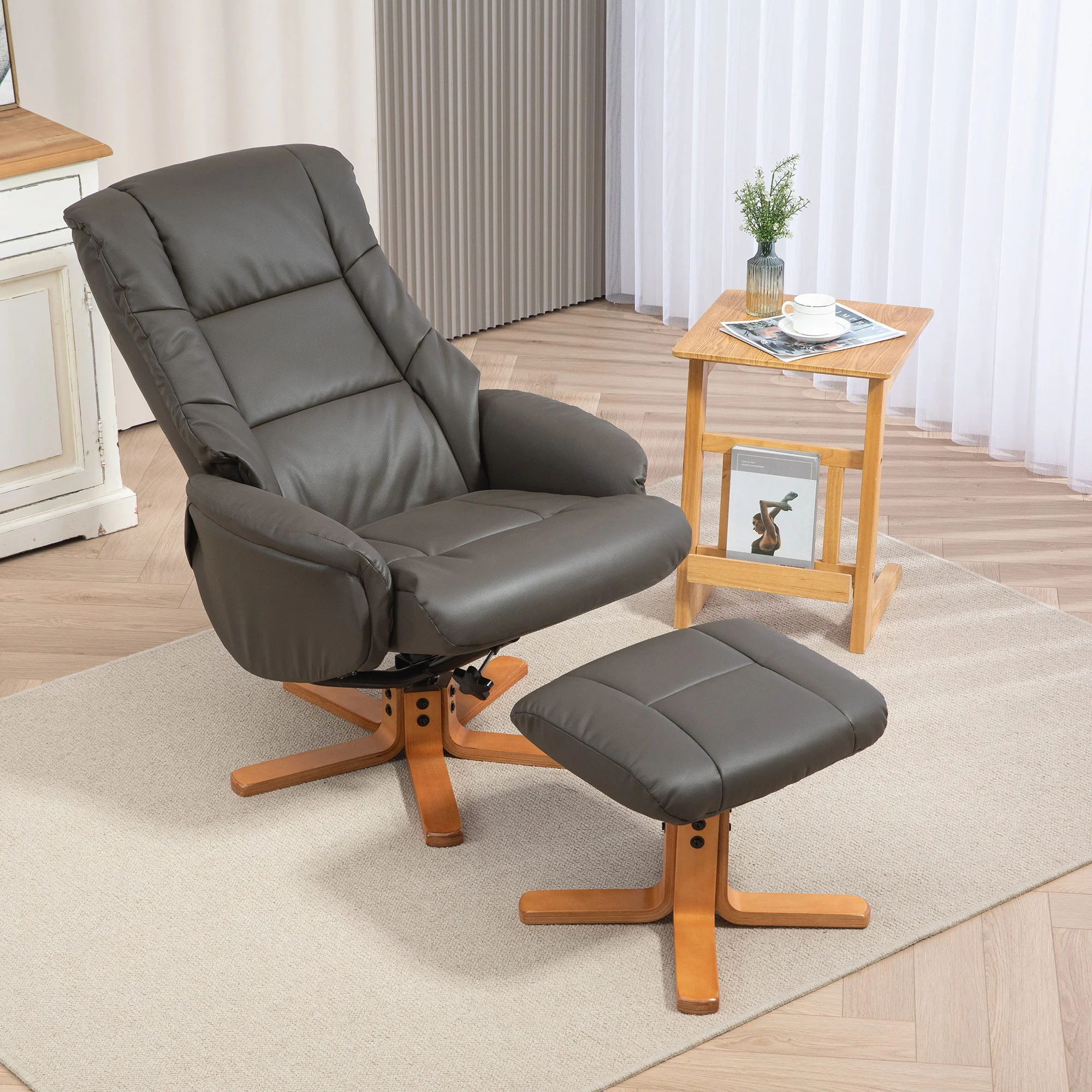 Fauteuil de relaxation avec repose-pied, fauteuil relax salon, dossier à bascule, fauteuil inclinable, assise rembourrée, revêtement synthétique, cadre en bois massif, design contemporain, gris - Image 3