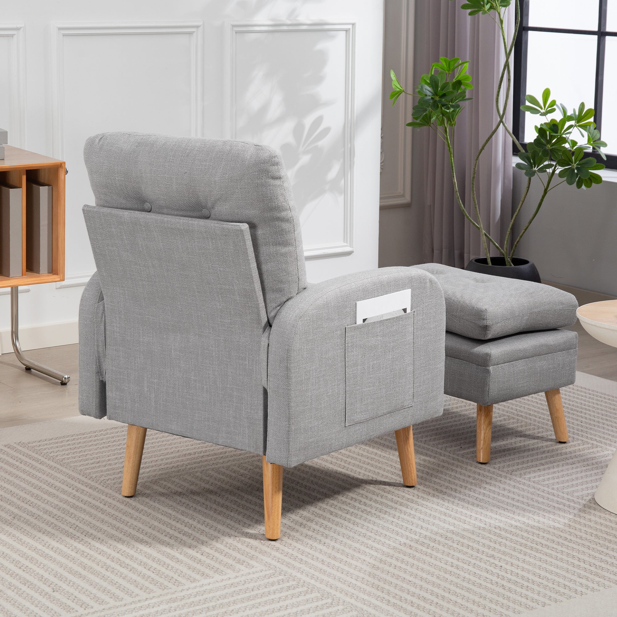 Fauteuil de relaxation avec repose-pied, fauteuil TV avec coussins, 2 poches de rangement, support jusqu'à 120 kg, canapé 1 place capitonné pour salon chambre bureau, en tissu lin gris clair - Image 10