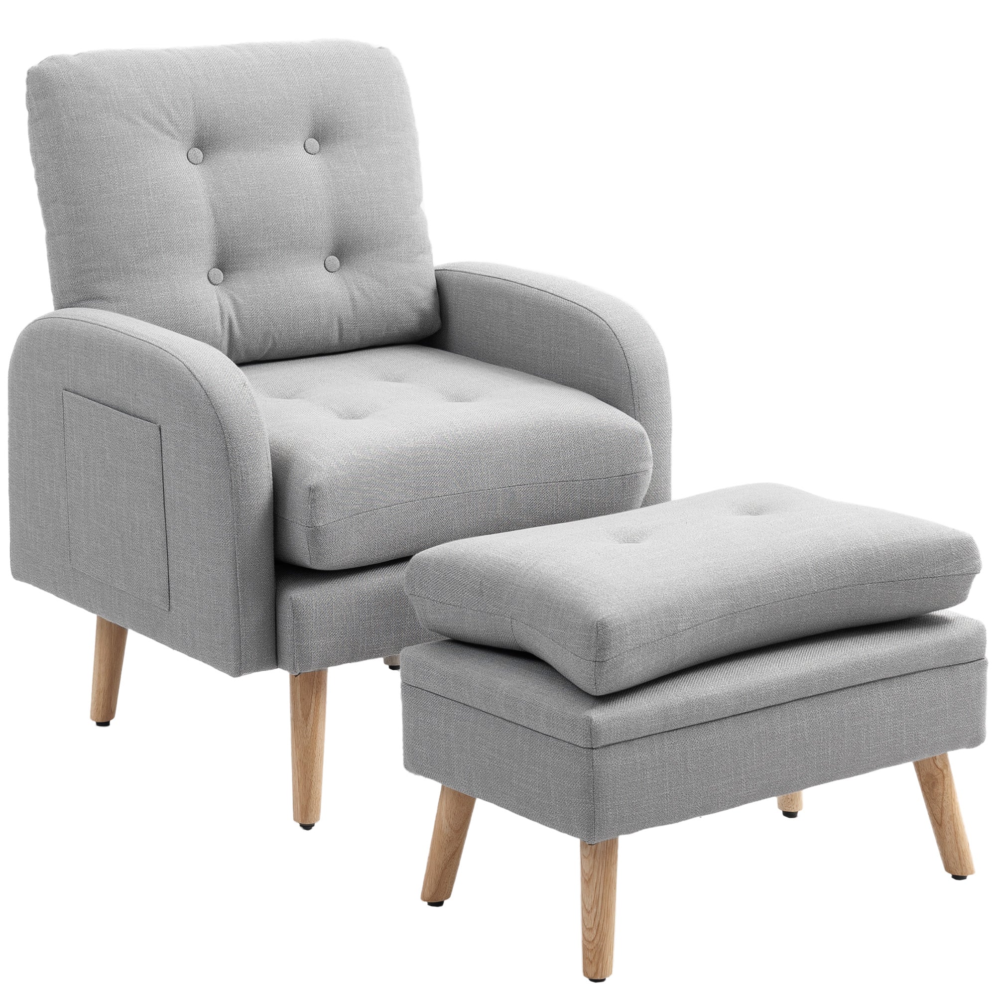 Fauteuil de relaxation avec repose-pied, fauteuil TV avec coussins, 2 poches de rangement, support jusqu'à 120 kg, canapé 1 place capitonné pour salon chambre bureau, en tissu lin gris clair - Image 11
