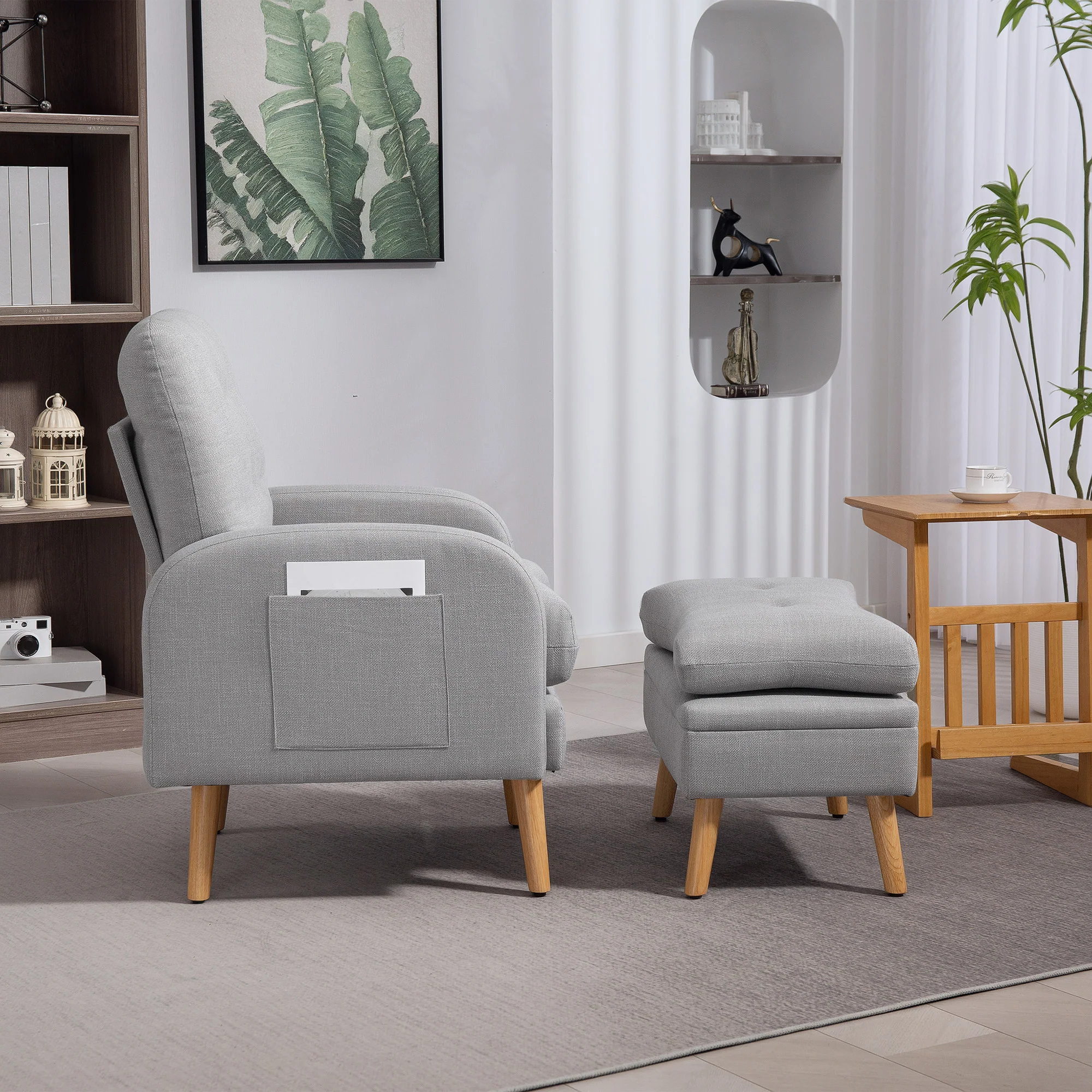 Fauteuil de relaxation avec repose-pied, fauteuil TV avec coussins, 2 poches de rangement, support jusqu'à 120 kg, canapé 1 place capitonné pour salon chambre bureau, en tissu lin gris clair - Image 9