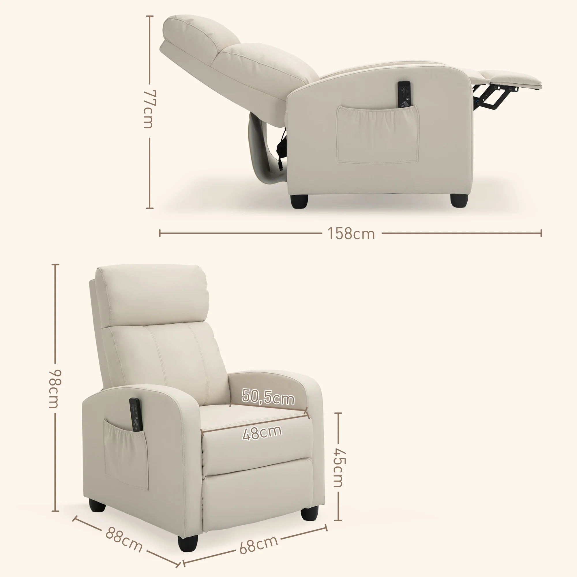 Fauteuil de Relaxation et Massage électrique avec Inclinaison Manuelle Dossier Repose-Pied réglable revêtement synthétique Crème - Image 4