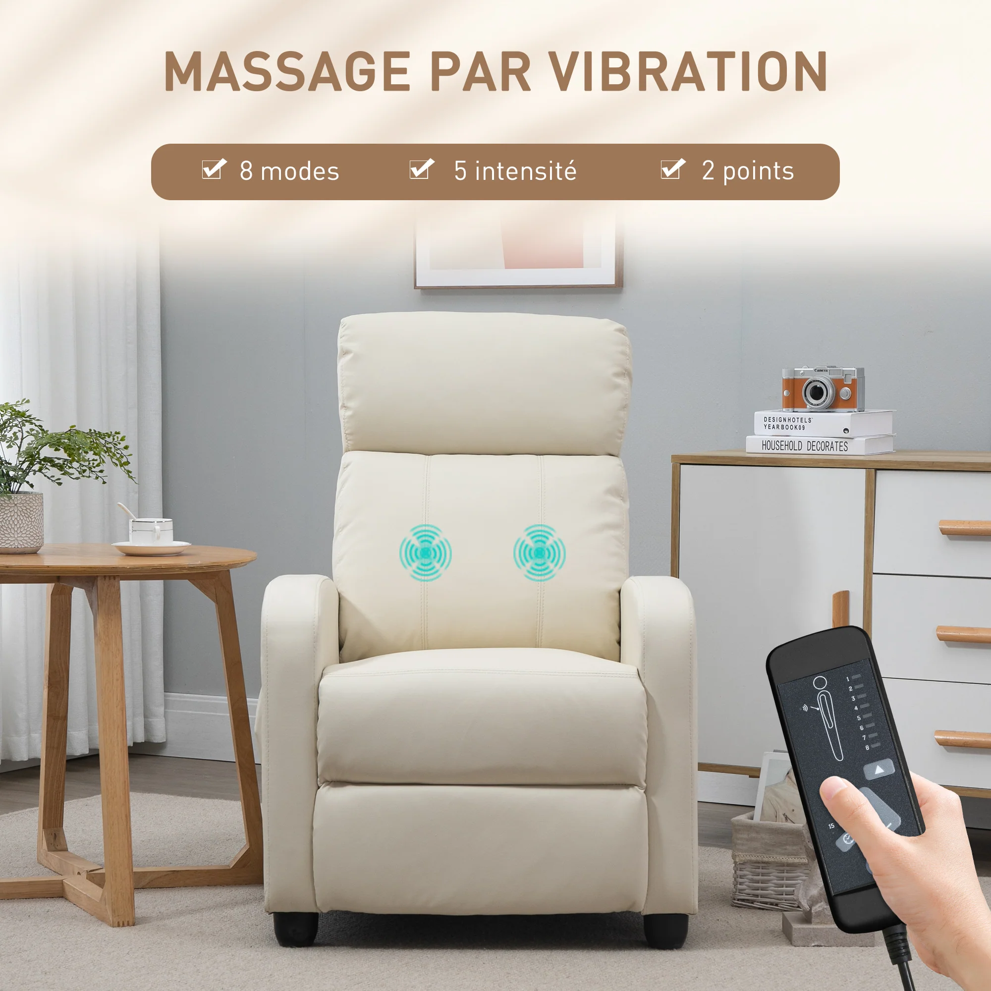 Fauteuil de Relaxation et Massage électrique avec Inclinaison Manuelle Dossier Repose-Pied réglable revêtement synthétique Crème - Image 5