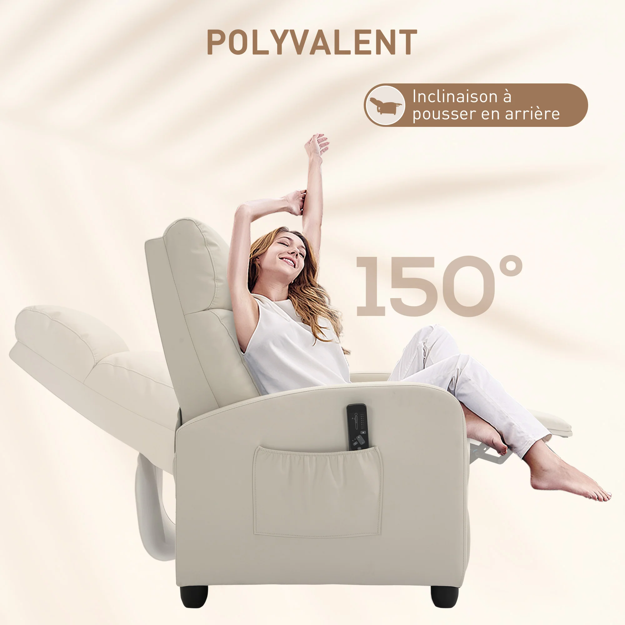 Fauteuil de Relaxation et Massage électrique avec Inclinaison Manuelle Dossier Repose-Pied réglable revêtement synthétique Crème - Image 6
