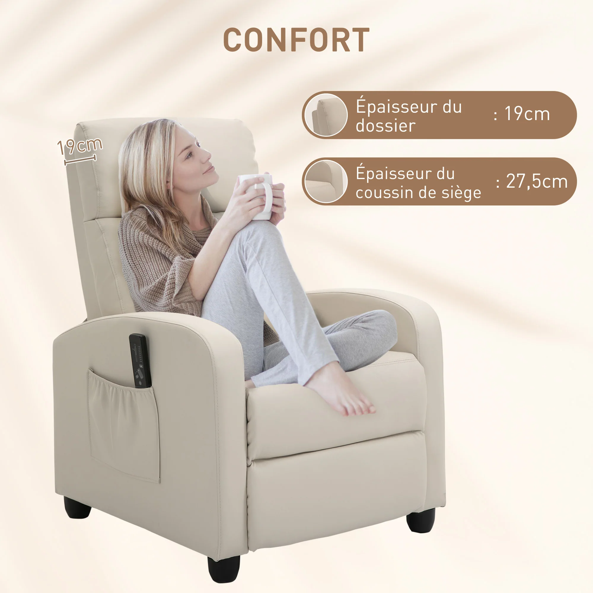 Fauteuil de Relaxation et Massage électrique avec Inclinaison Manuelle Dossier Repose-Pied réglable revêtement synthétique Crème - Image 7