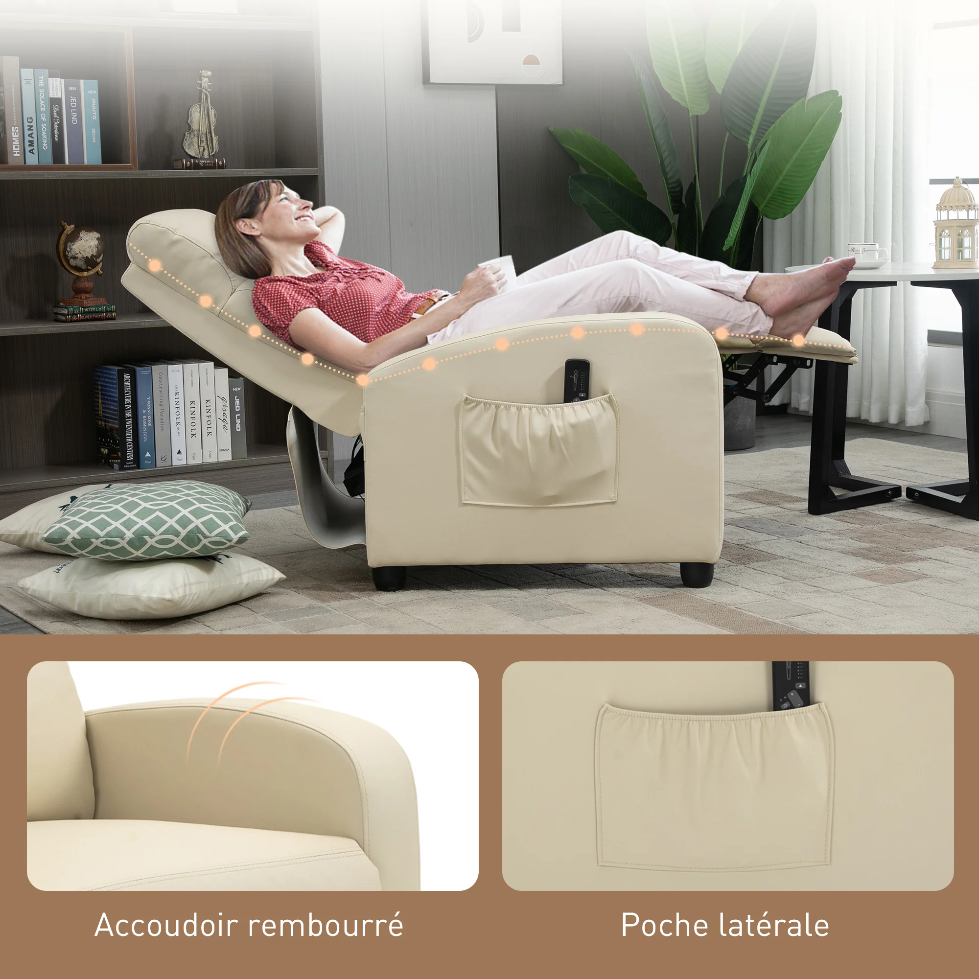 Fauteuil de Relaxation et Massage électrique avec Inclinaison Manuelle Dossier Repose-Pied réglable revêtement synthétique Crème - Image 8