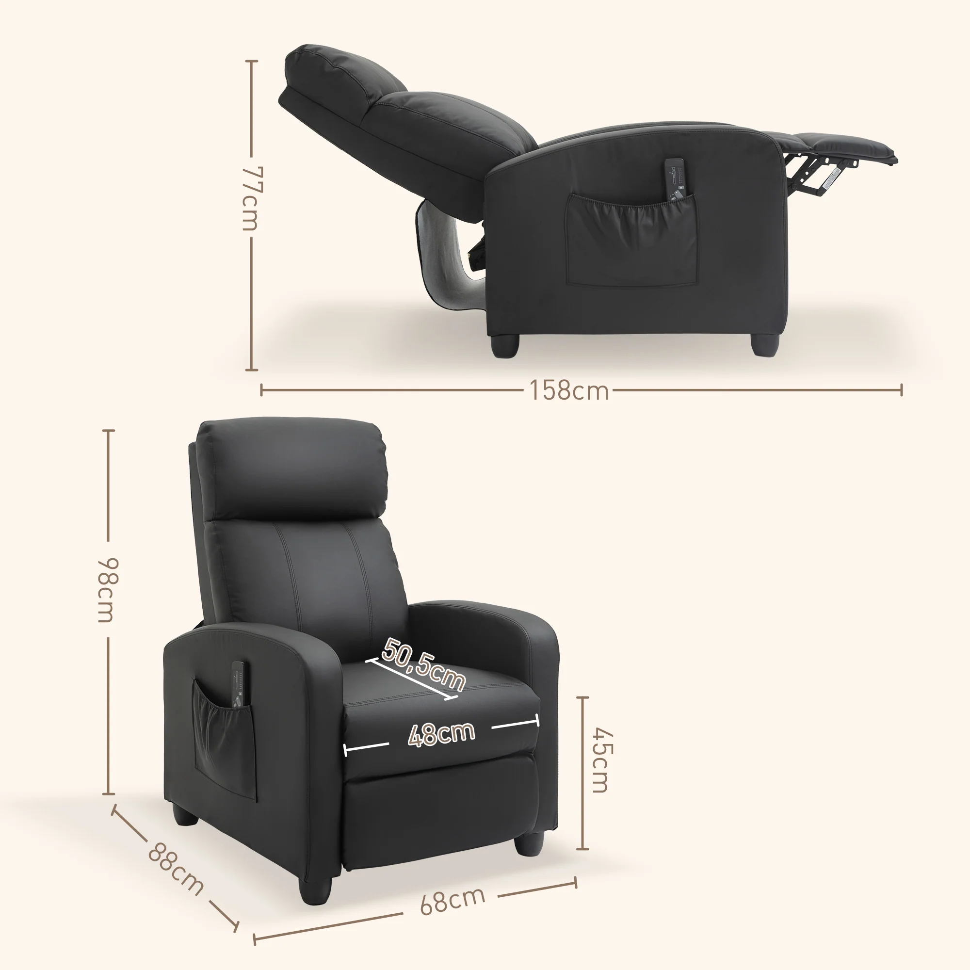 Fauteuil de Relaxation et Massage électrique avec Inclinaison Manuelle Dossier Repose-Pied réglable revêtement synthétique Noir - Image 4