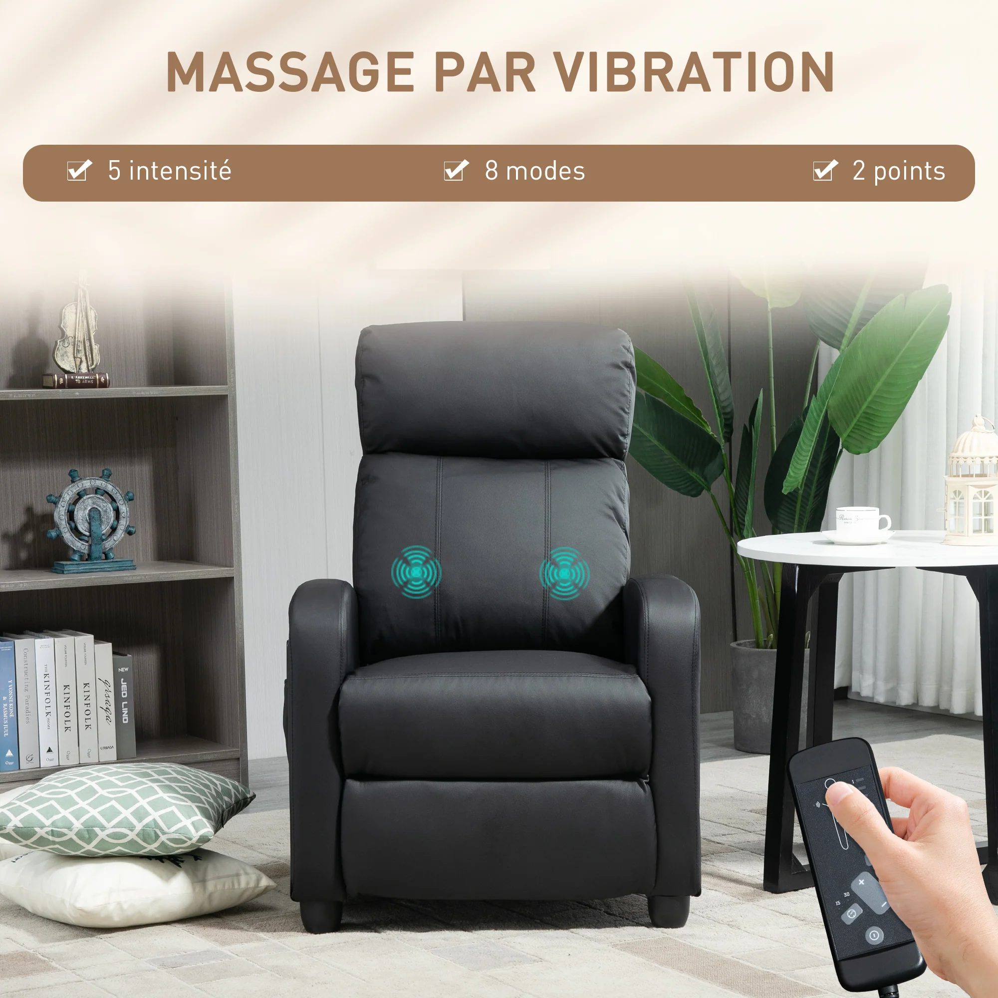 Fauteuil de Relaxation et Massage électrique avec Inclinaison Manuelle Dossier Repose-Pied réglable revêtement synthétique Noir - Image 5