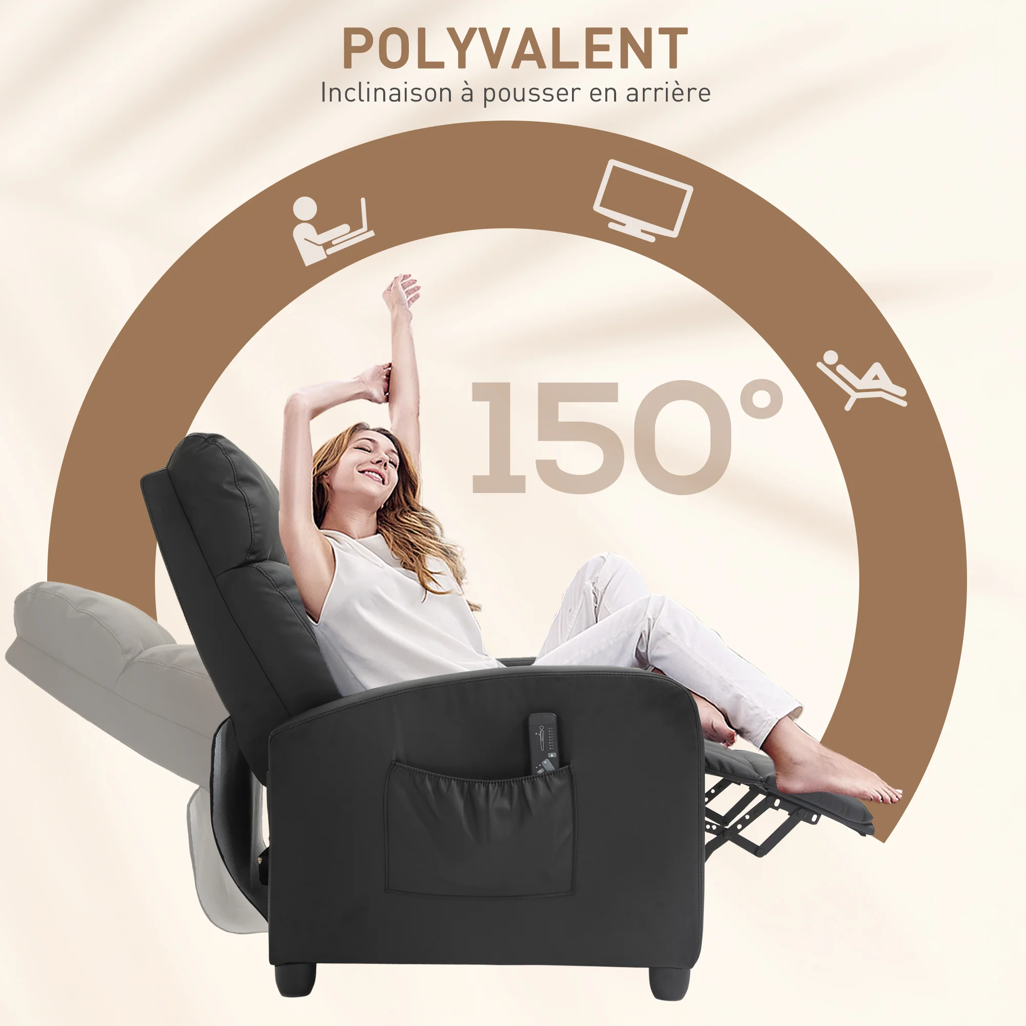 Fauteuil de Relaxation et Massage électrique avec Inclinaison Manuelle Dossier Repose-Pied réglable revêtement synthétique Noir - Image 6