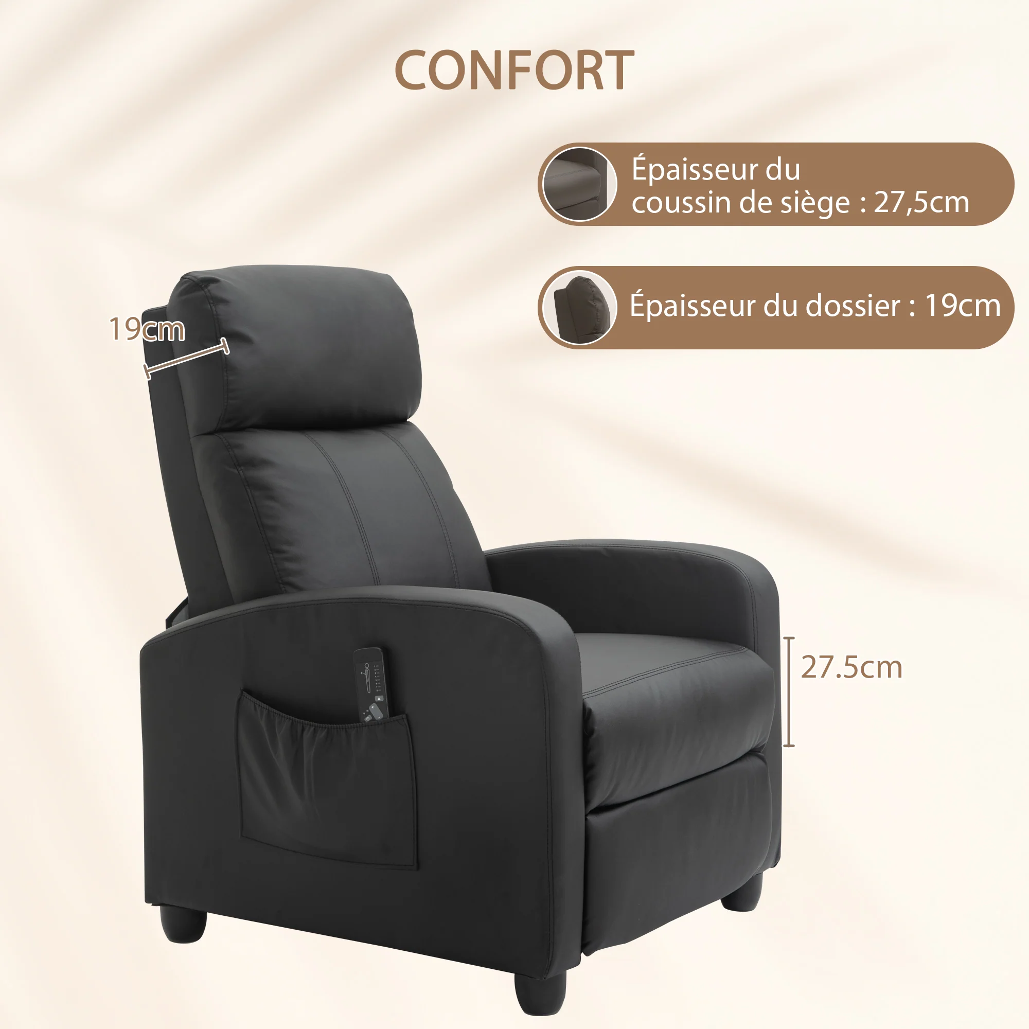 Fauteuil de Relaxation et Massage électrique avec Inclinaison Manuelle Dossier Repose-Pied réglable revêtement synthétique Noir - Image 7