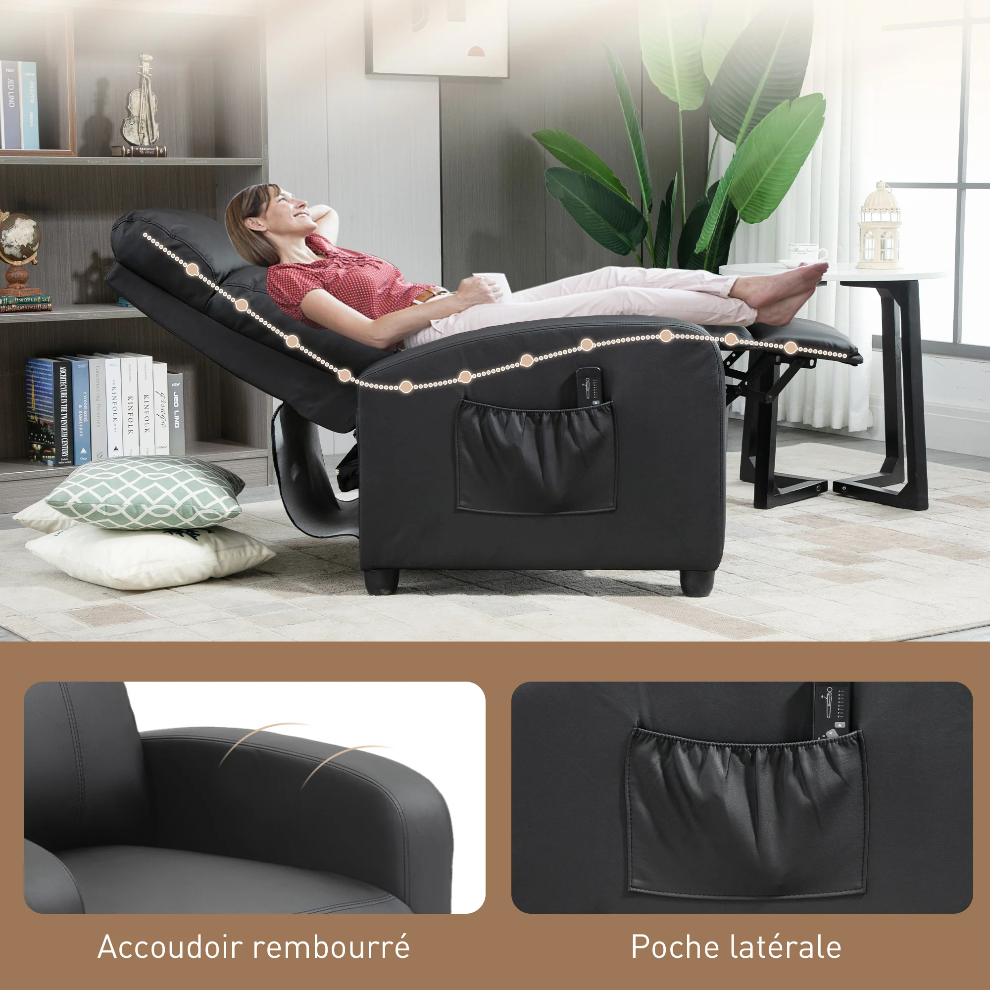 Fauteuil de Relaxation et Massage électrique avec Inclinaison Manuelle Dossier Repose-Pied réglable revêtement synthétique Noir - Image 8
