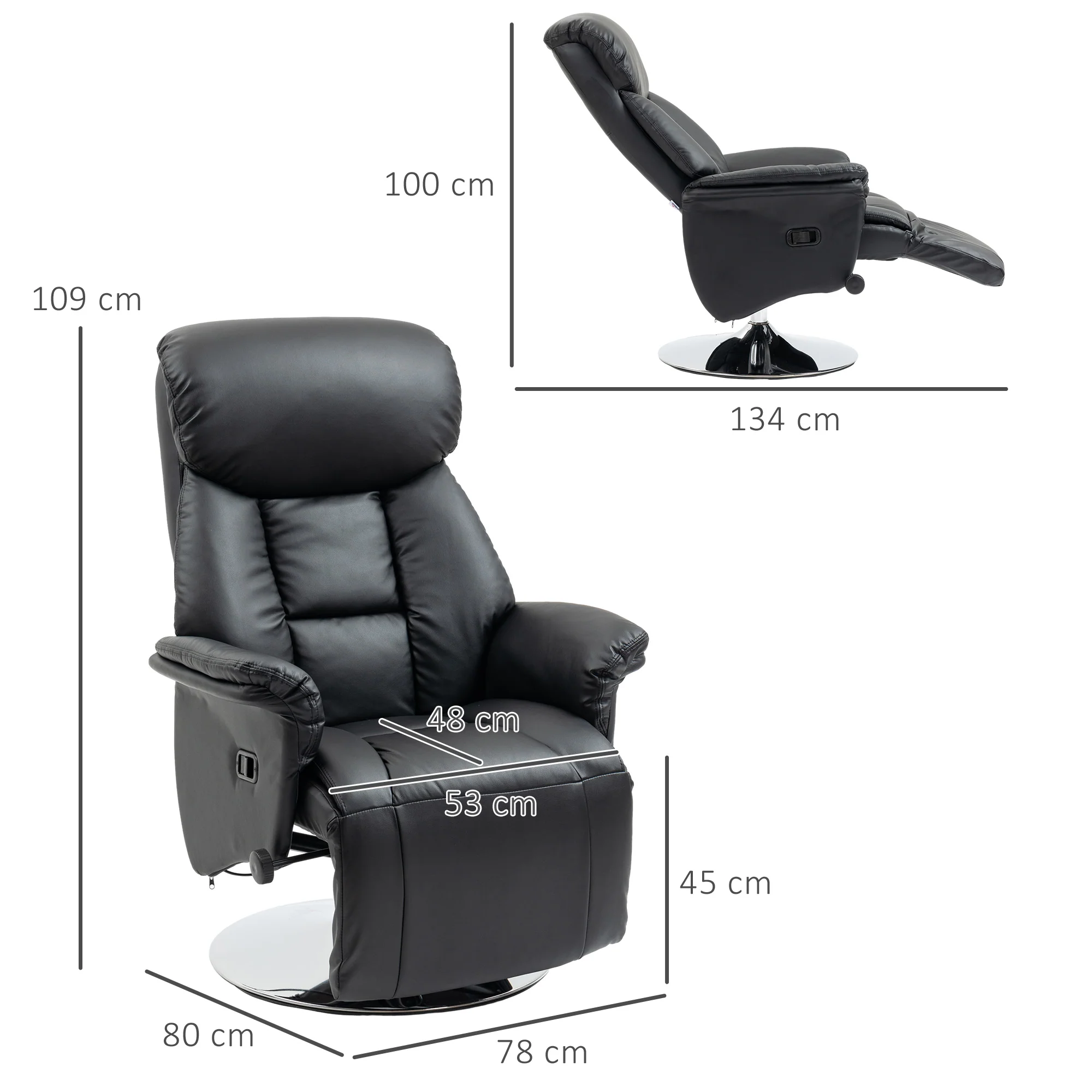 Fauteuil de relaxation fauteuil relax de salon inclinable pivotant repose-pied réglable accoudoirs, chaise TV en similicuir synthétique, jusqu'à 150 kg, pour salon, chambre, home cinéma, noir - Image 4