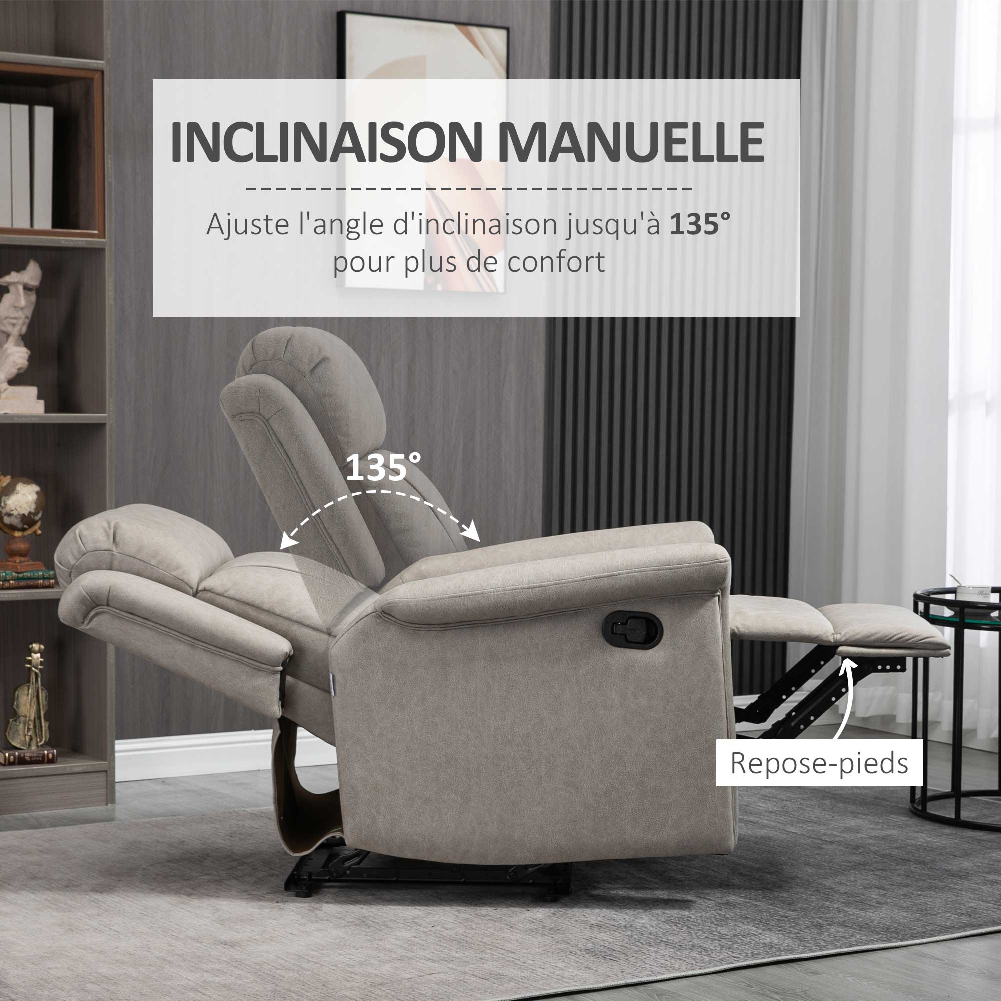 Fauteuil de relaxation inclinable 135° manuellement tissu en microfibre avec repose-pied gris - Image 5
