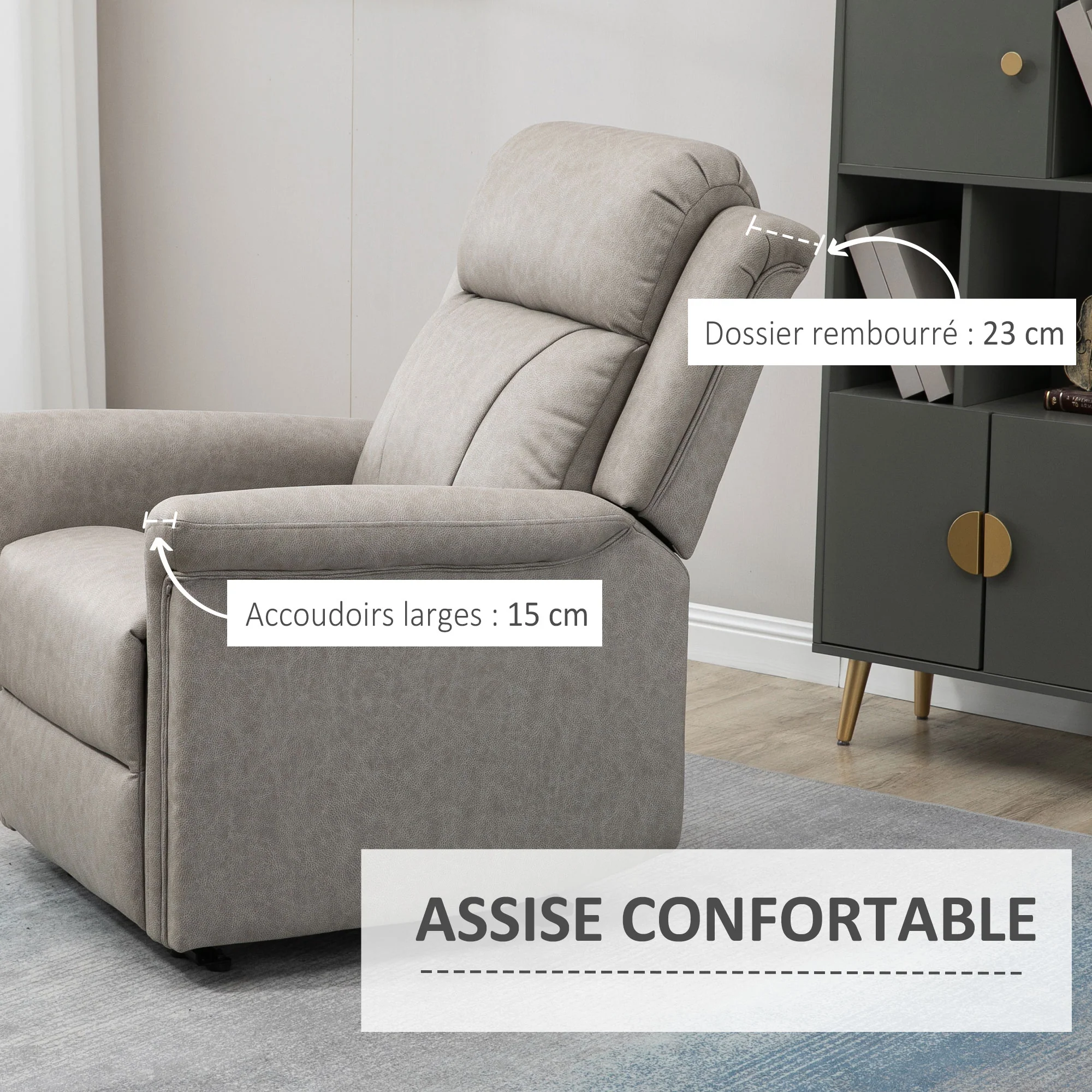 Fauteuil de relaxation inclinable 135° manuellement tissu en microfibre avec repose-pied gris - Image 6