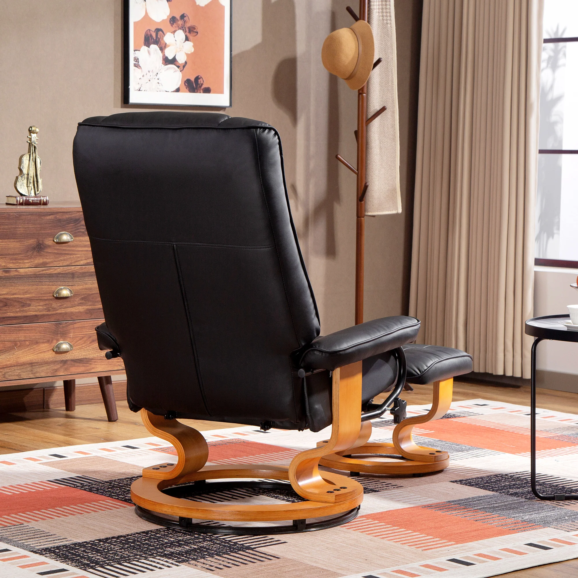 Fauteuil de relaxation inclinable avec repose-pied fauteuil relax de salon pivotant, cadre en bois revêtement synthétique 76 x 85 x 104 cm noir - Image 10