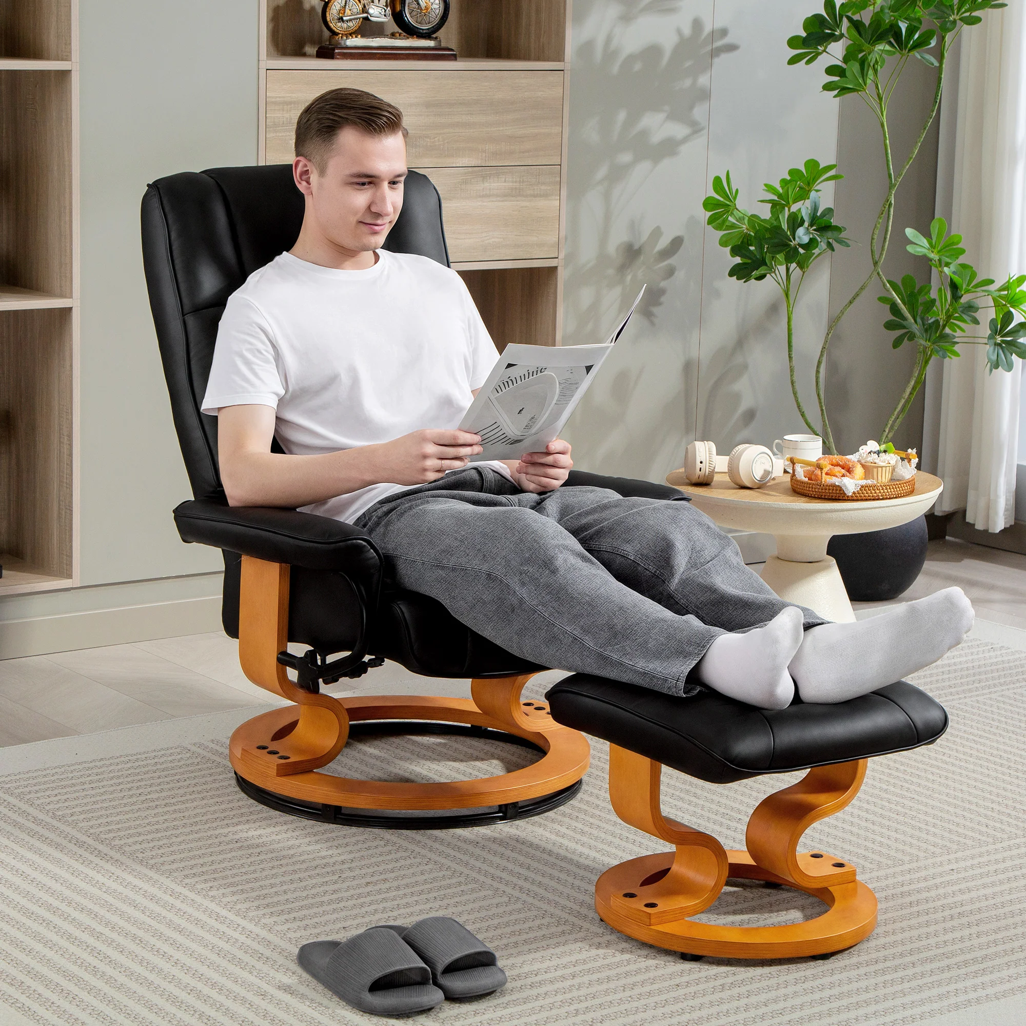 Fauteuil de relaxation inclinable avec repose-pied fauteuil relax de salon pivotant, cadre en bois revêtement synthétique 76 x 85 x 104 cm noir - Image 3