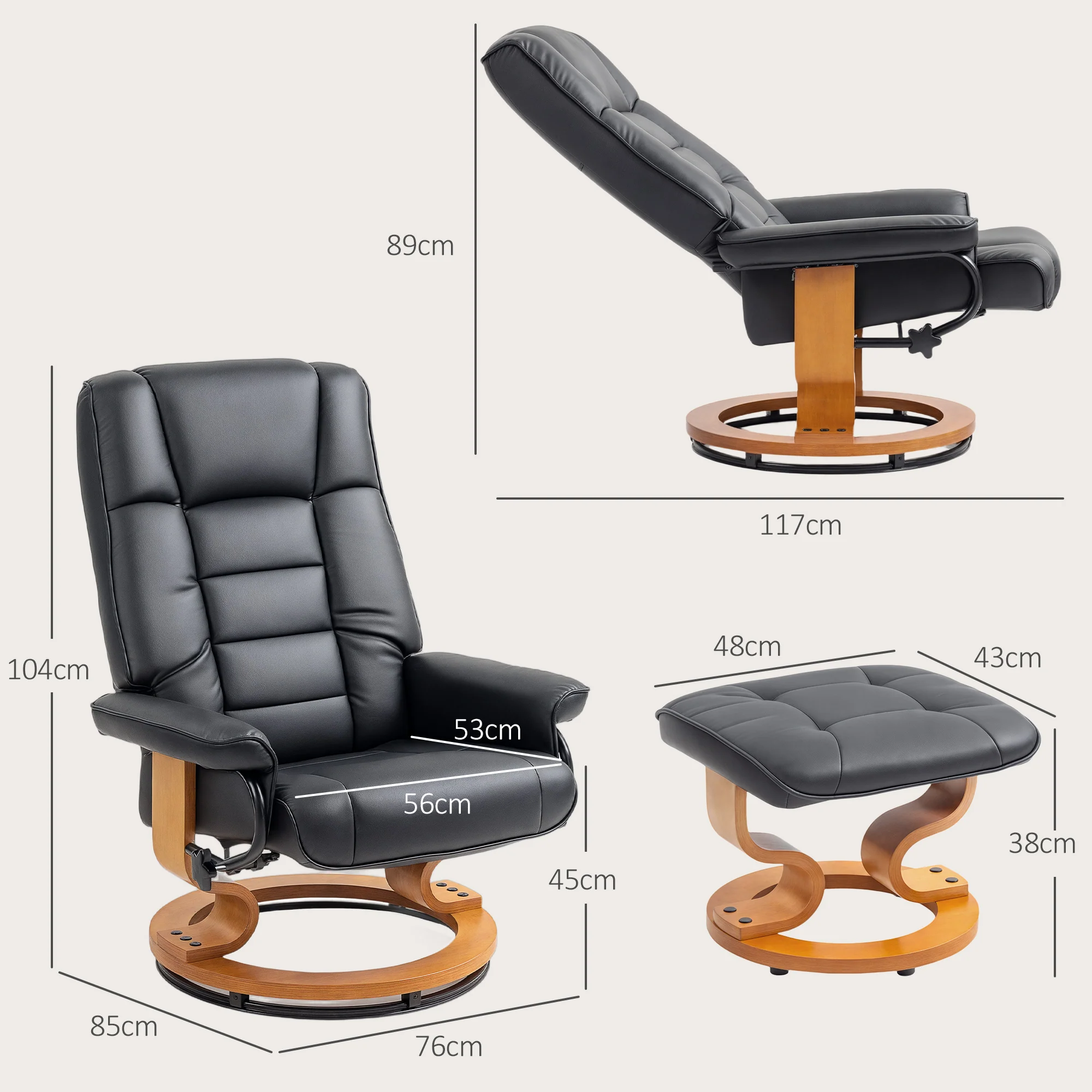 Fauteuil de relaxation inclinable avec repose-pied fauteuil relax de salon pivotant, cadre en bois revêtement synthétique 76 x 85 x 104 cm noir - Image 4