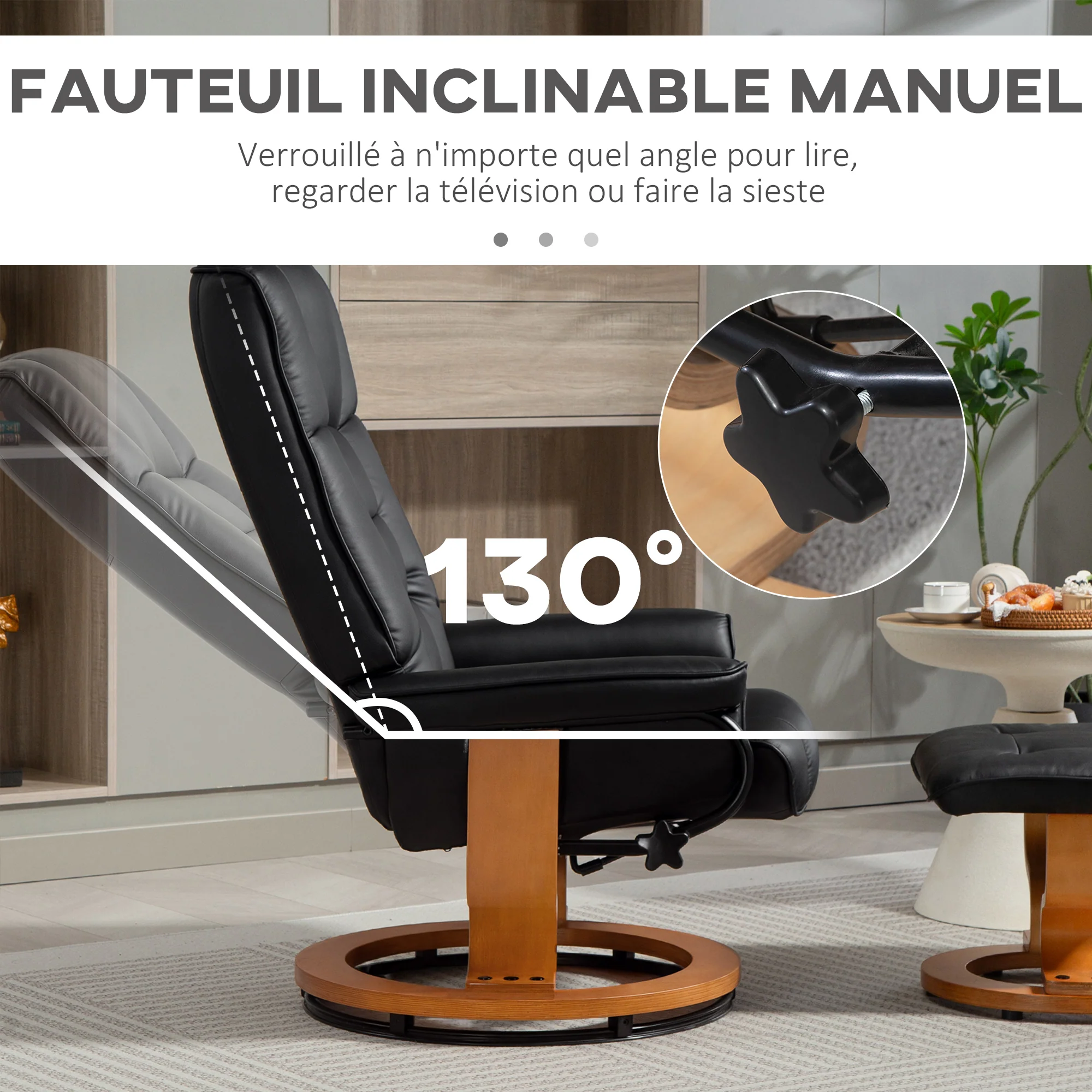 Fauteuil de relaxation inclinable avec repose-pied fauteuil relax de salon pivotant, cadre en bois revêtement synthétique 76 x 85 x 104 cm noir - Image 5
